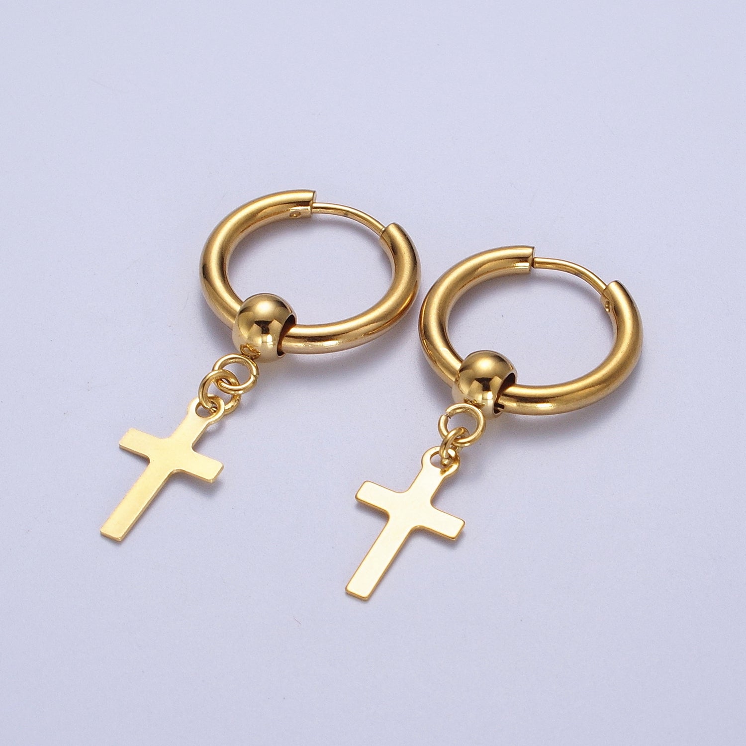 24K Gold Filled Religious Cross 18mm Huggie Drop Earrings Hoops | Y177 - DLUXCA