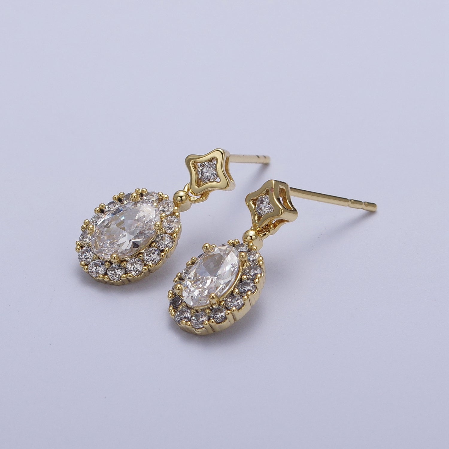 Clear Micro Paved Oval CZ Star Stud Drop Dangle Gold Earrings | Y190 - DLUXCA