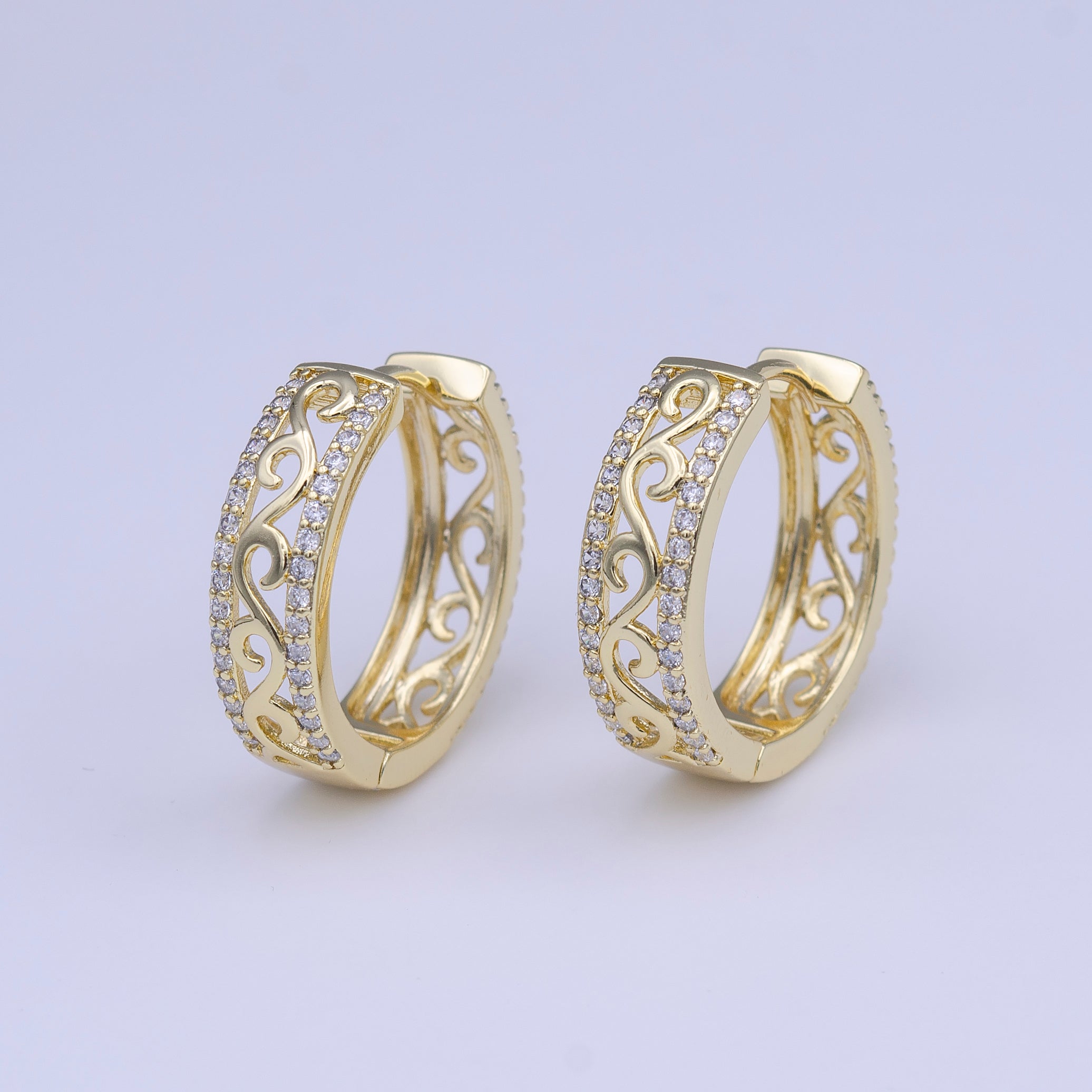 Minimalist Double Sided Micro Paved CZ Filigree Gold Huggie Hoops | Y209 - DLUXCA