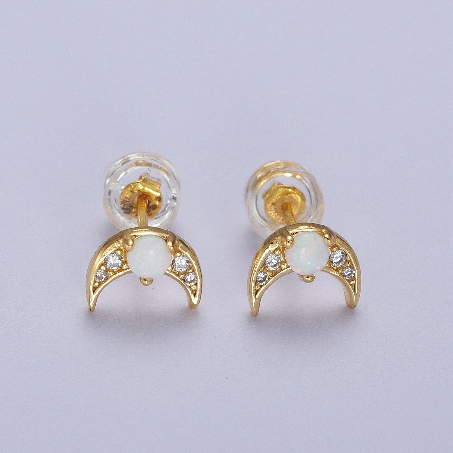 24K Gold Filled Mini White Opal Micro Paved CZ Crescent Moon Stud Earrings | Y225 - DLUXCA