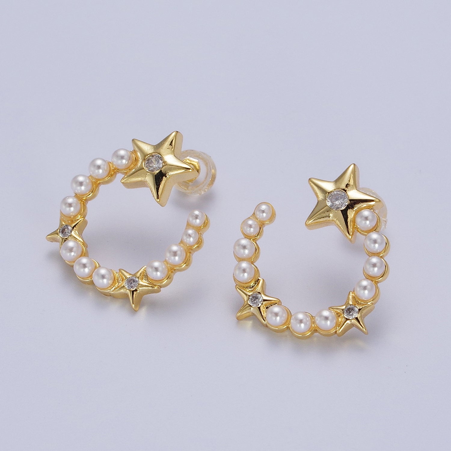 24K Gold Filled White Pearl Crescent Moon Stars CZ Celestial Stud Earrings | Y229 - DLUXCA