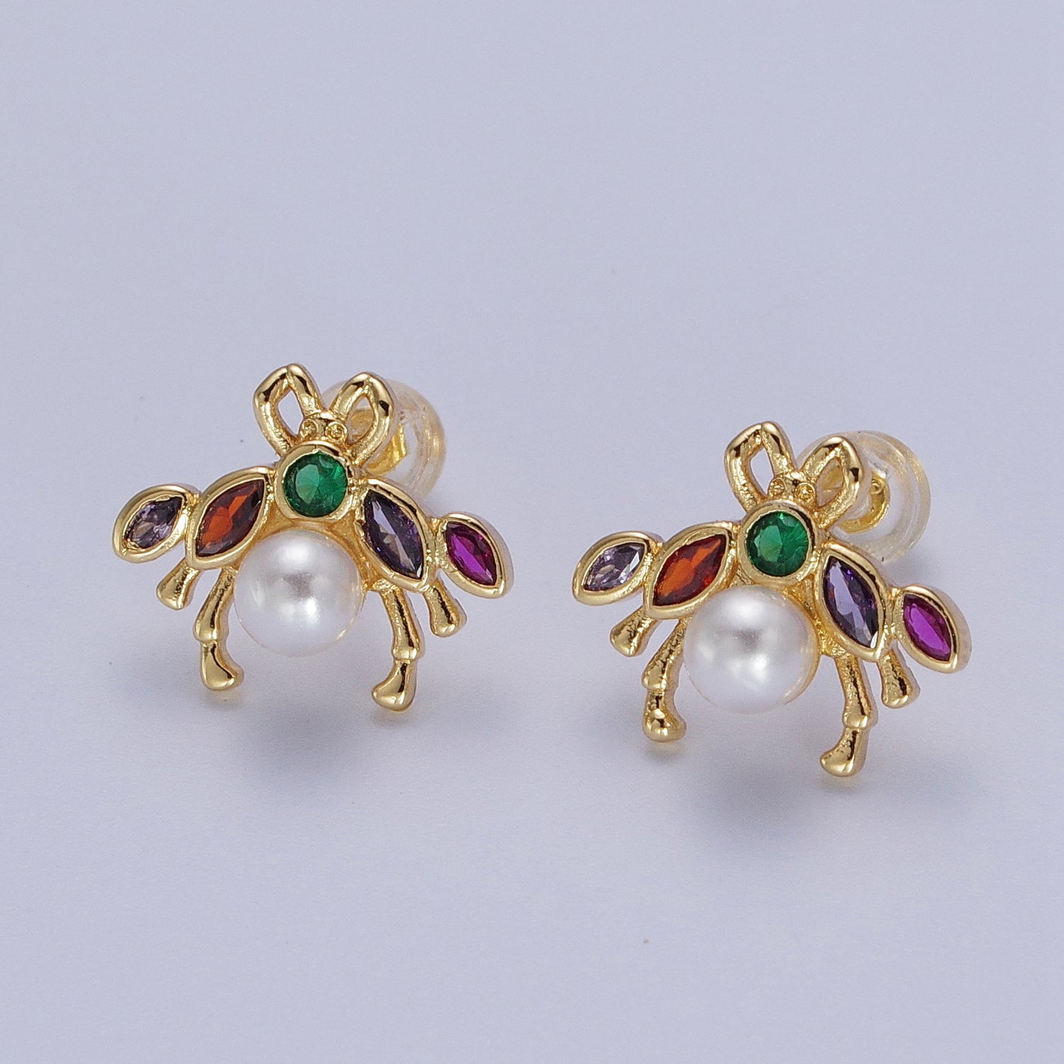 24K Gold Filled Bee Insect Multicolor CZ Marquise Round White Pearl Stud Earrings | Y230 - DLUXCA