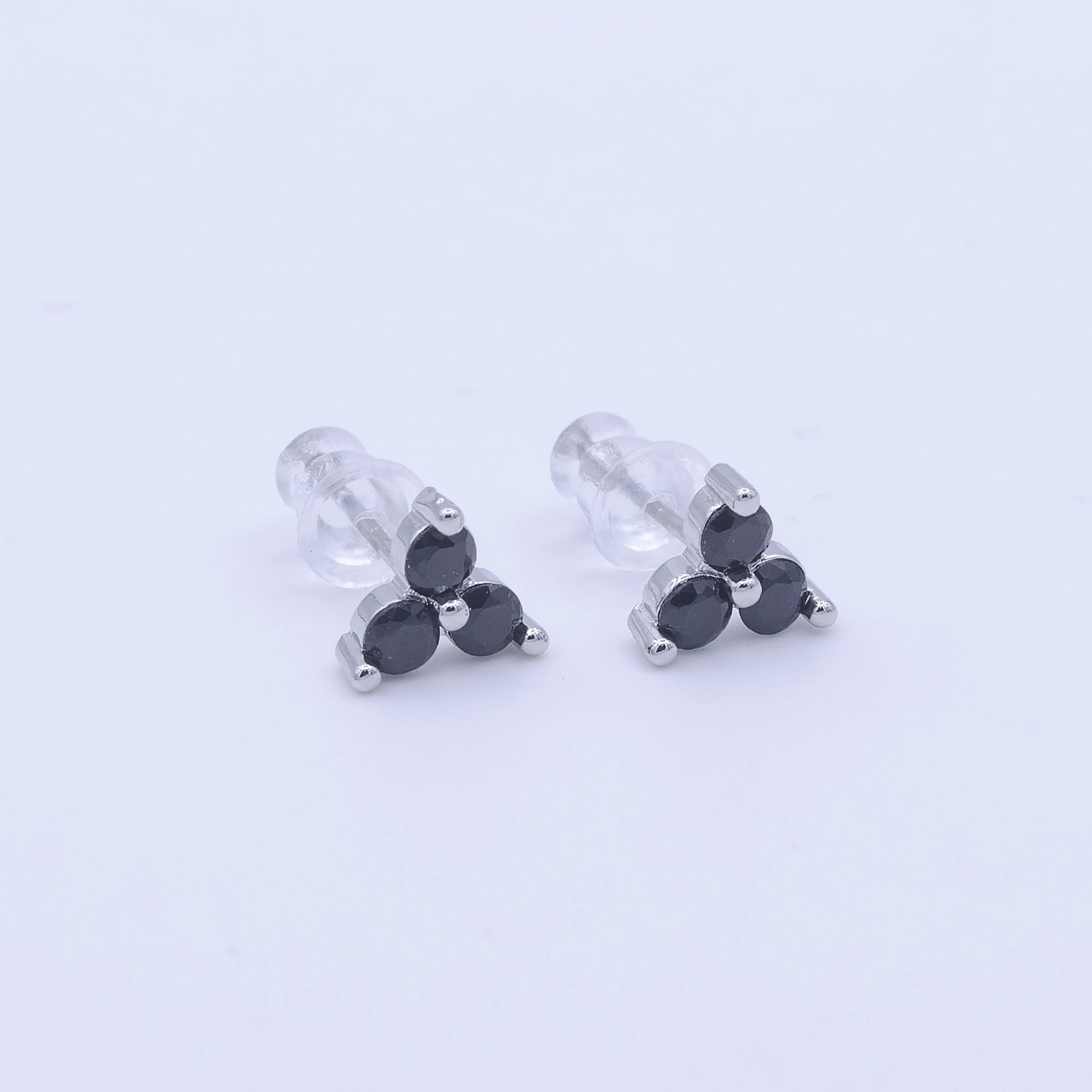 Dainty Triple Round Black CZ Silver Stud Earrings | Y270 - DLUXCA