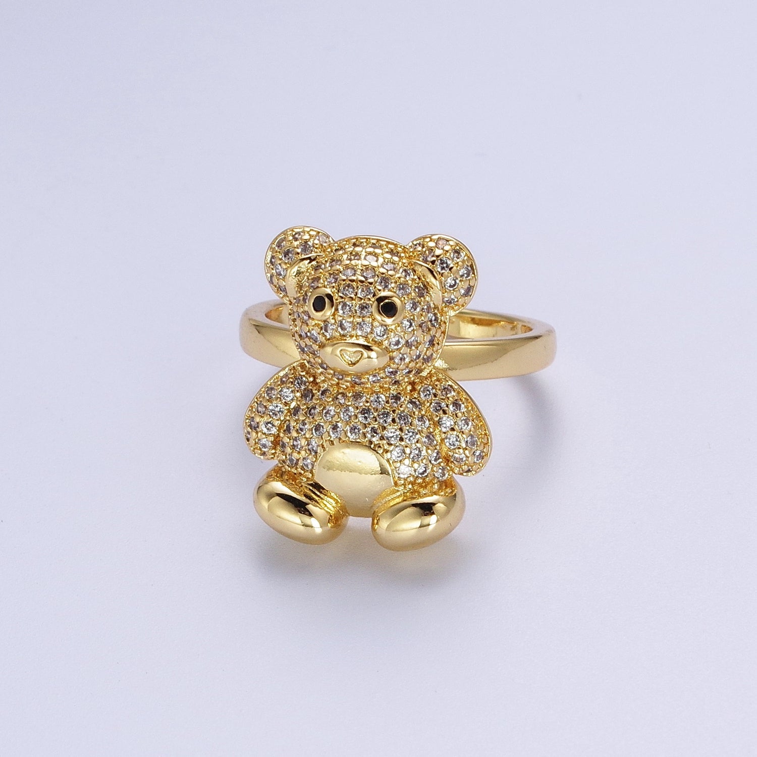 Gold Micro Paved Teddy Bear Cubic Zirconia CZ Adjustable Ring | Y319 - DLUXCA