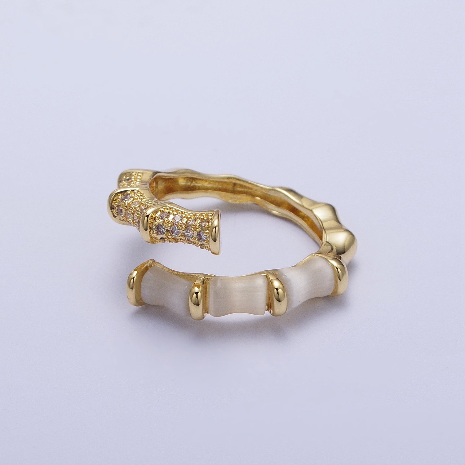 Micro Paved CZ White Cats Eye Bamboo Ring Open Gold Ring | Y324 - DLUXCA