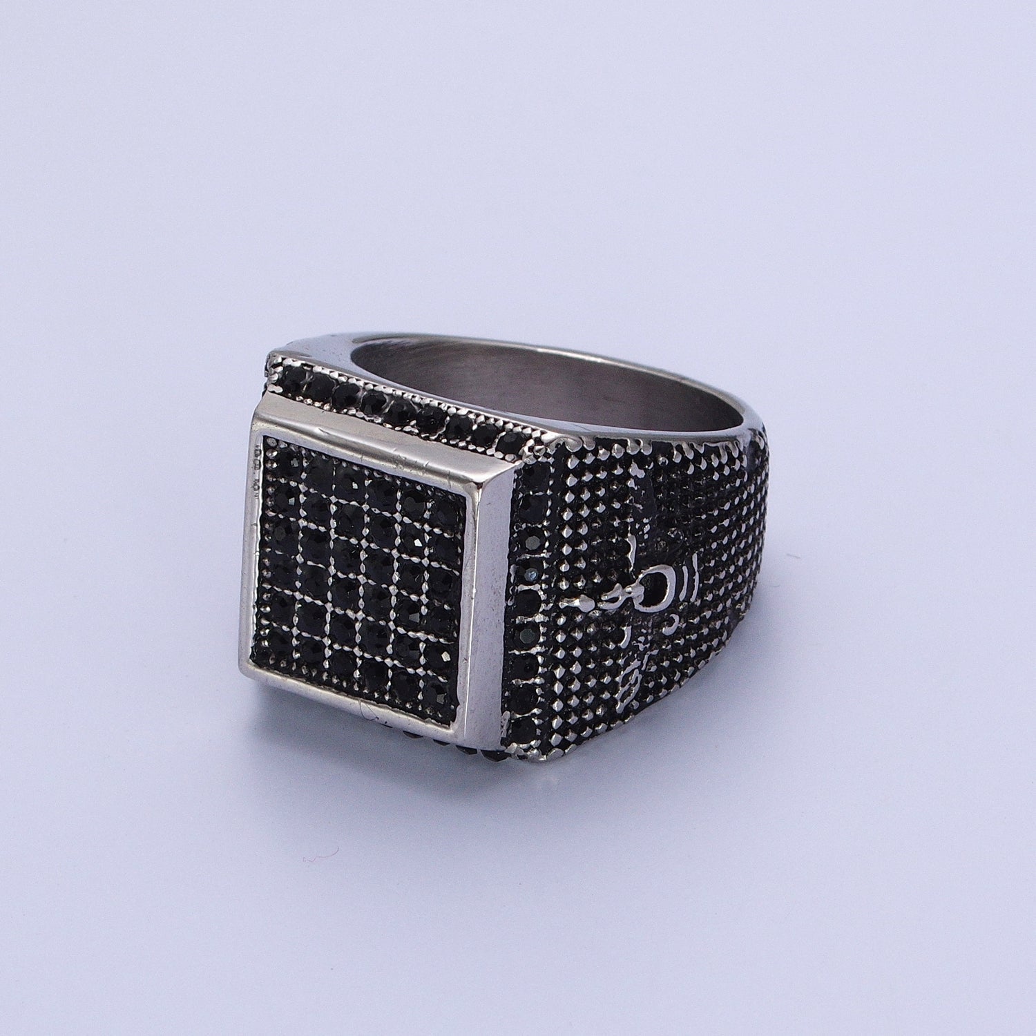 Black Micro Paved CZ Square Signet Stainless Steel Dotted Textured Ring in Gold & Silver | Y334-Y339 - DLUXCA