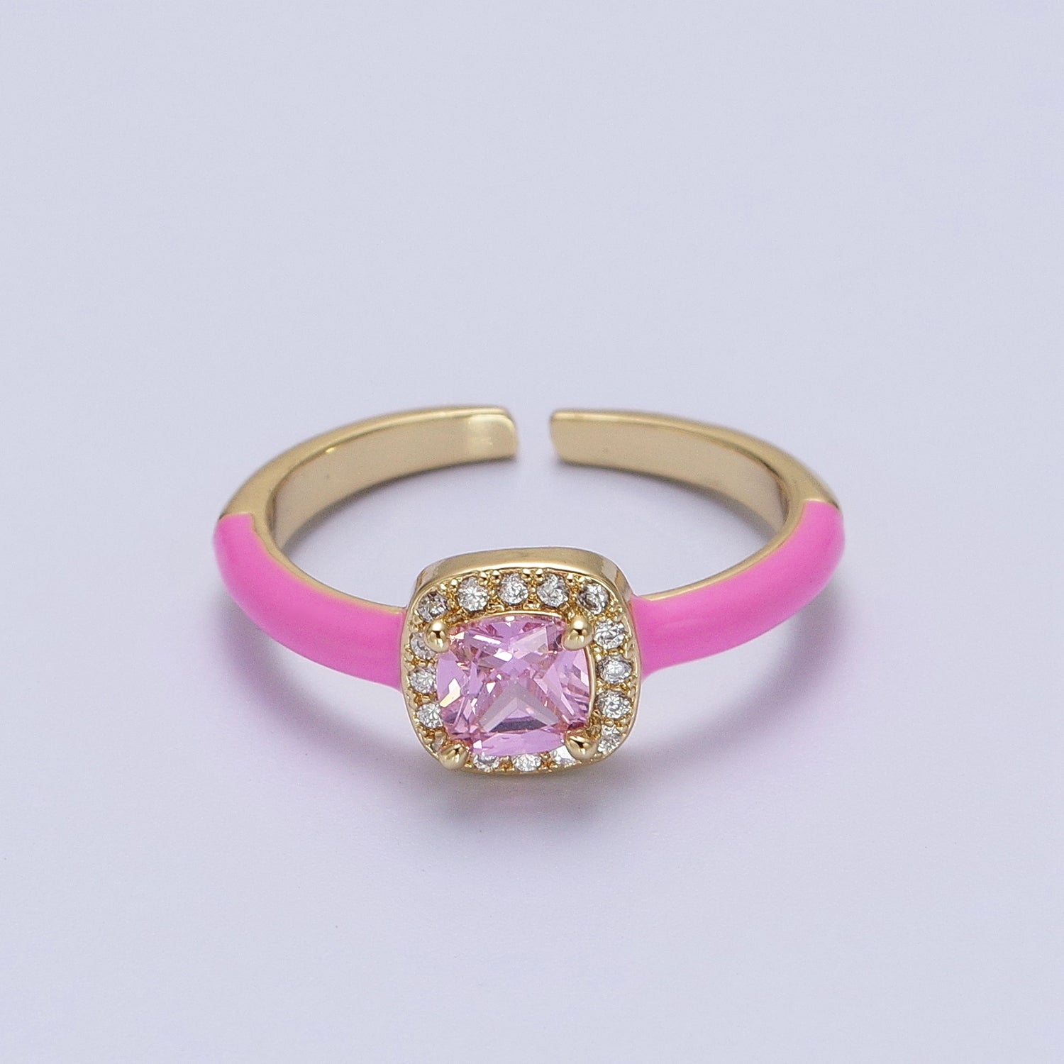 Gold Filled Barbiecore Square Green, White, Pink Micro Paved Enamel Adjustable Ring | Y340 - Y342 - DLUXCA