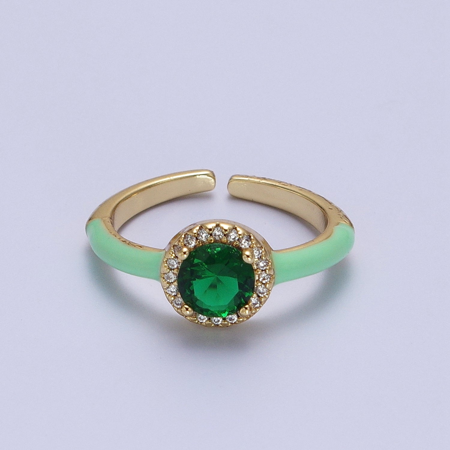 Gold Filled Barbiecore Round Green, White, Pink Micro Paved Enamel Adjustable Ring | Y343 - Y345 - DLUXCA