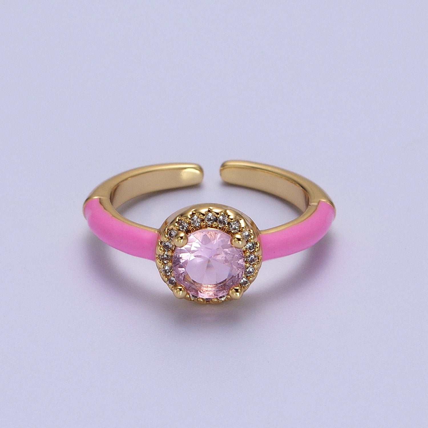 Gold Filled Barbiecore Round Green, White, Pink Micro Paved Enamel Adjustable Ring | Y343 - Y345 - DLUXCA