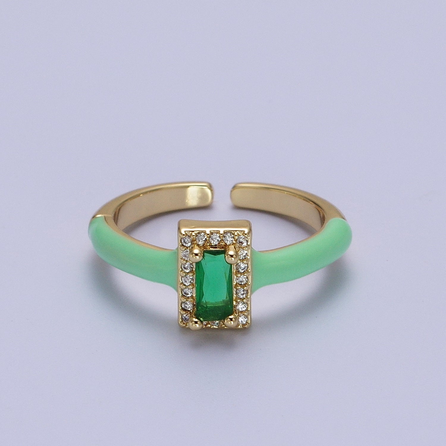 Gold Filled Barbiecore Baguette Green, White, Pink Micro Paved Enamel Adjustable Ring | Y349 - Y351 - DLUXCA