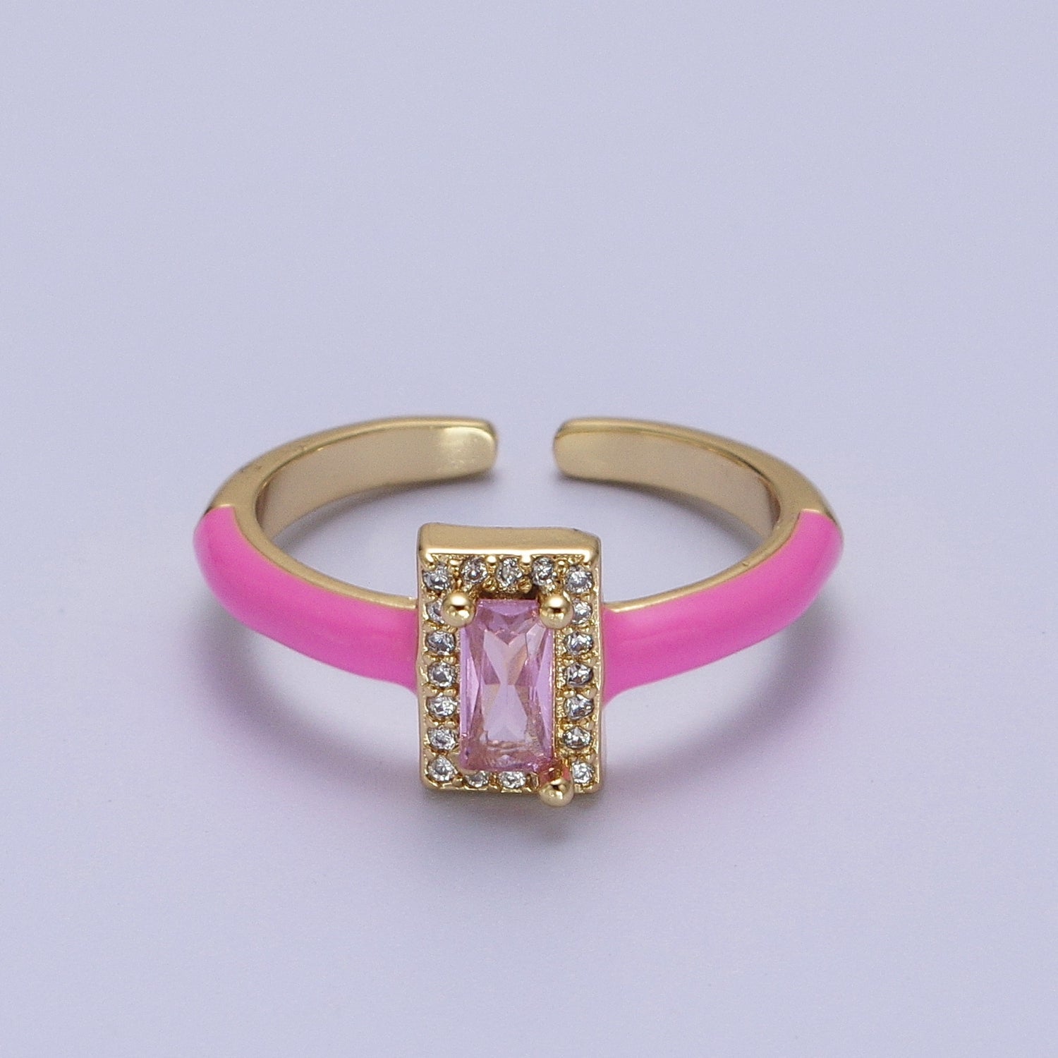 Gold Filled Barbiecore Baguette Green, White, Pink Micro Paved Enamel Adjustable Ring | Y349 - Y351 - DLUXCA