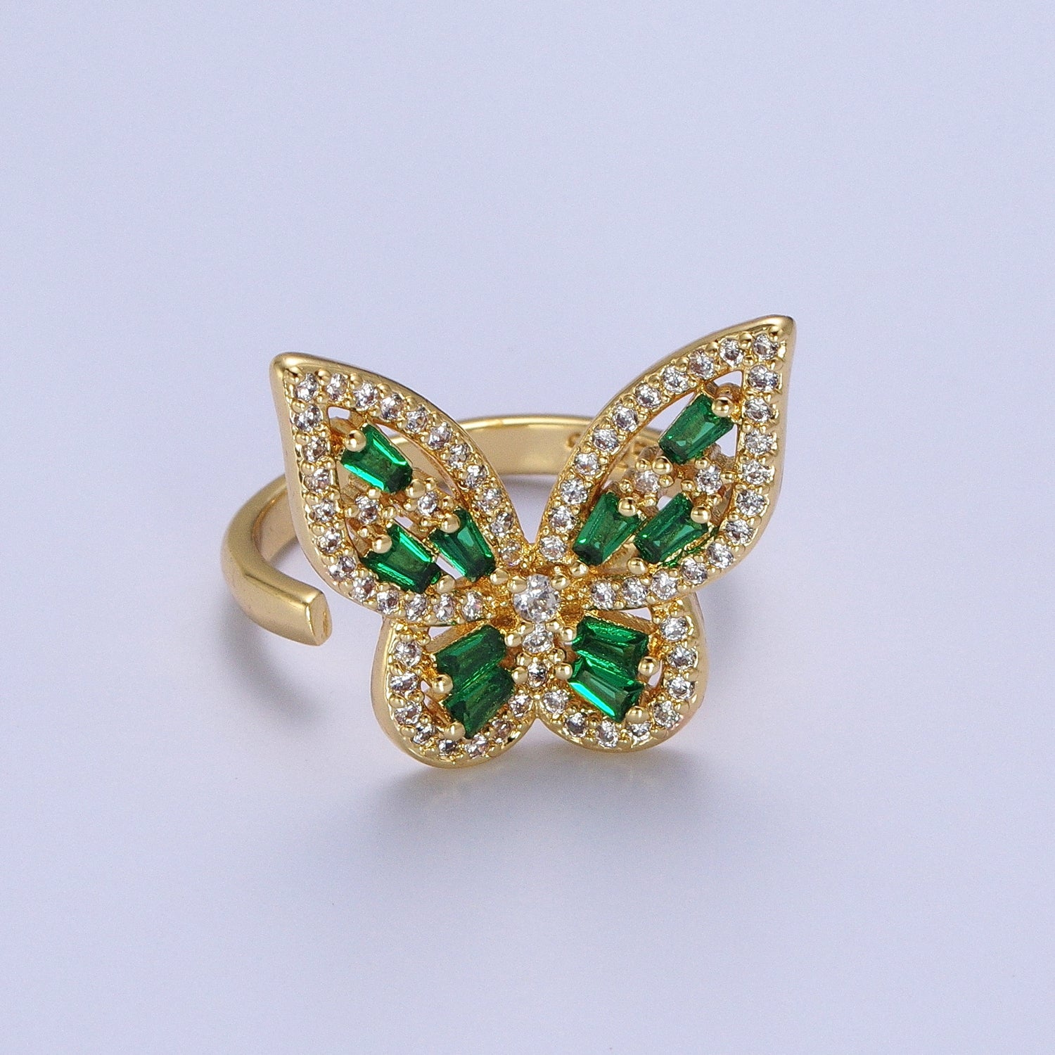 Micro Paved Gold Green Baguette Mariposa Butterfly Adjustable Ring | Y361 - DLUXCA