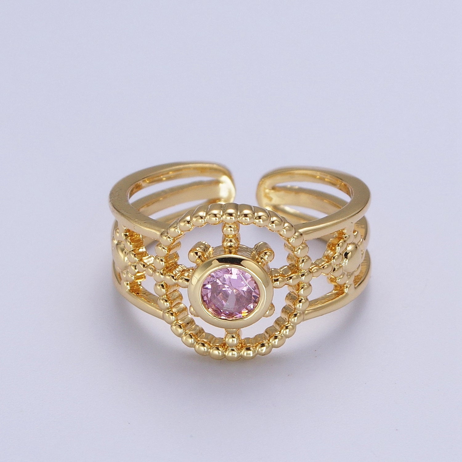 Gold Beaded Celestial Sun CZ Cubic Zirconia Double Band Ring | Y380 ~ Y385 - DLUXCA
