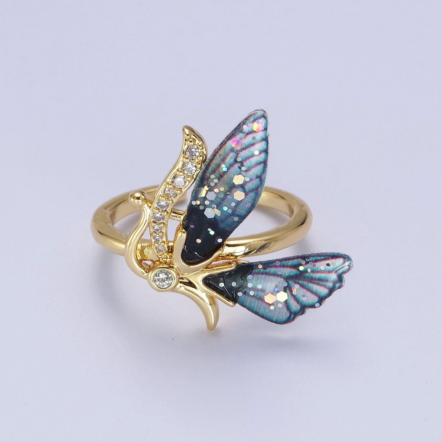 Micro Paved Antenna Butterfly Fairy Fuchsia, Blue Wings Adjustable Ring | Y398 Y399 - DLUXCA