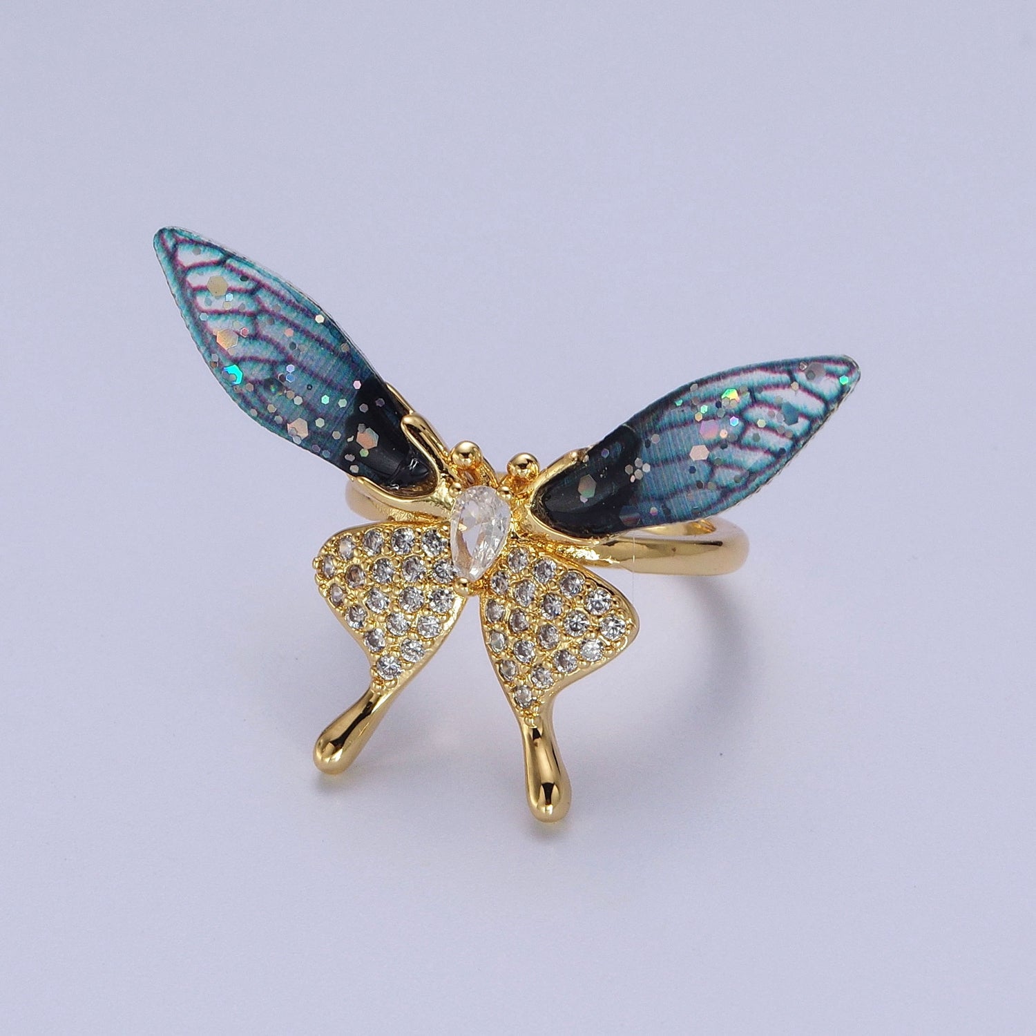 Fuchsia, Blue Micro Paved Butterfly Wings Teardrop Insect Gold Rings | Y400 Y401 - DLUXCA