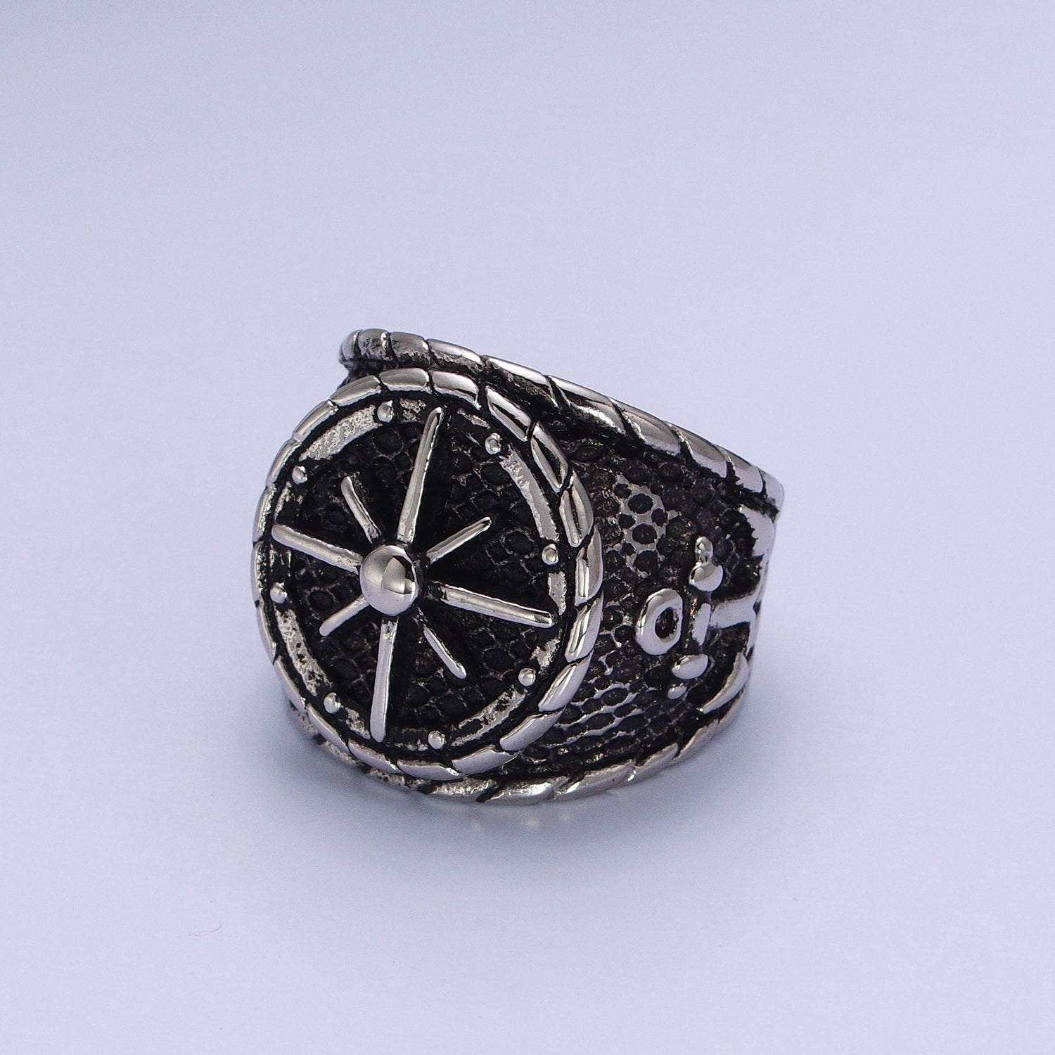 Statement Stainless Steel Ships' Steering Wheel Anchor Textured Ring in Silver & Gold | Y434 - Y437, Y414 - Y417 - DLUXCA