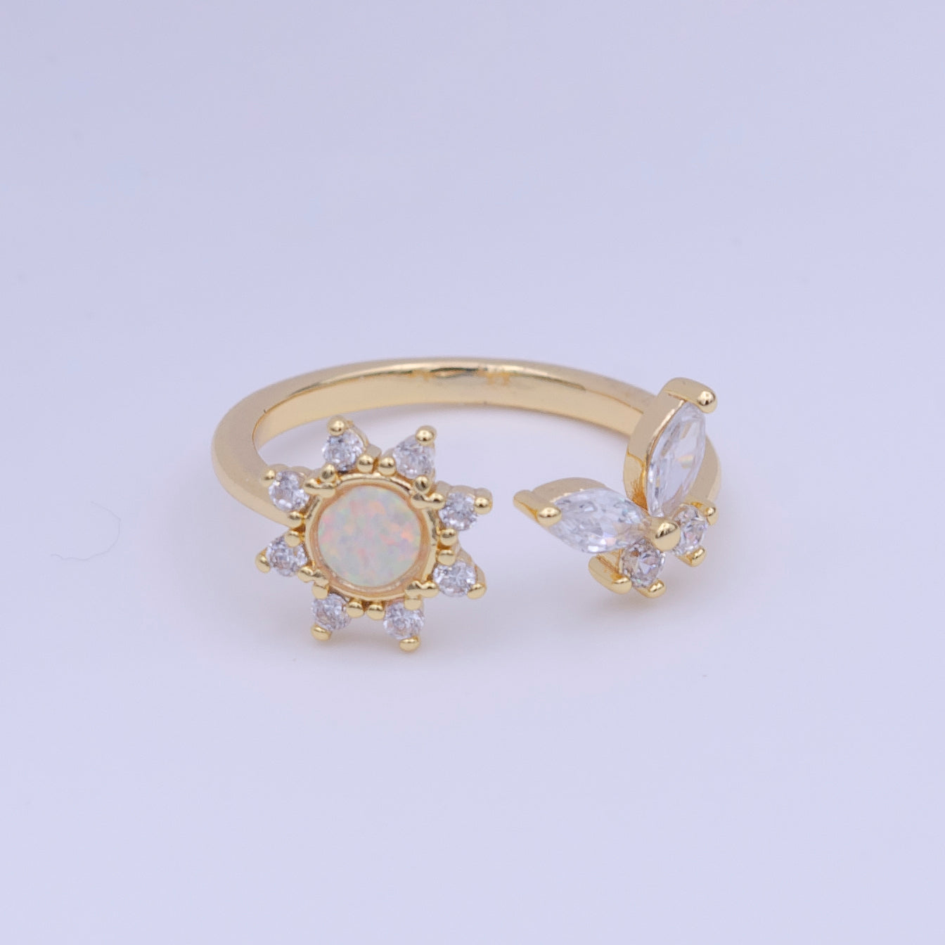Gold Filled White Celestial Sun Clear CZ Butterfly Open Adjustable Ring | Y419 - DLUXCA