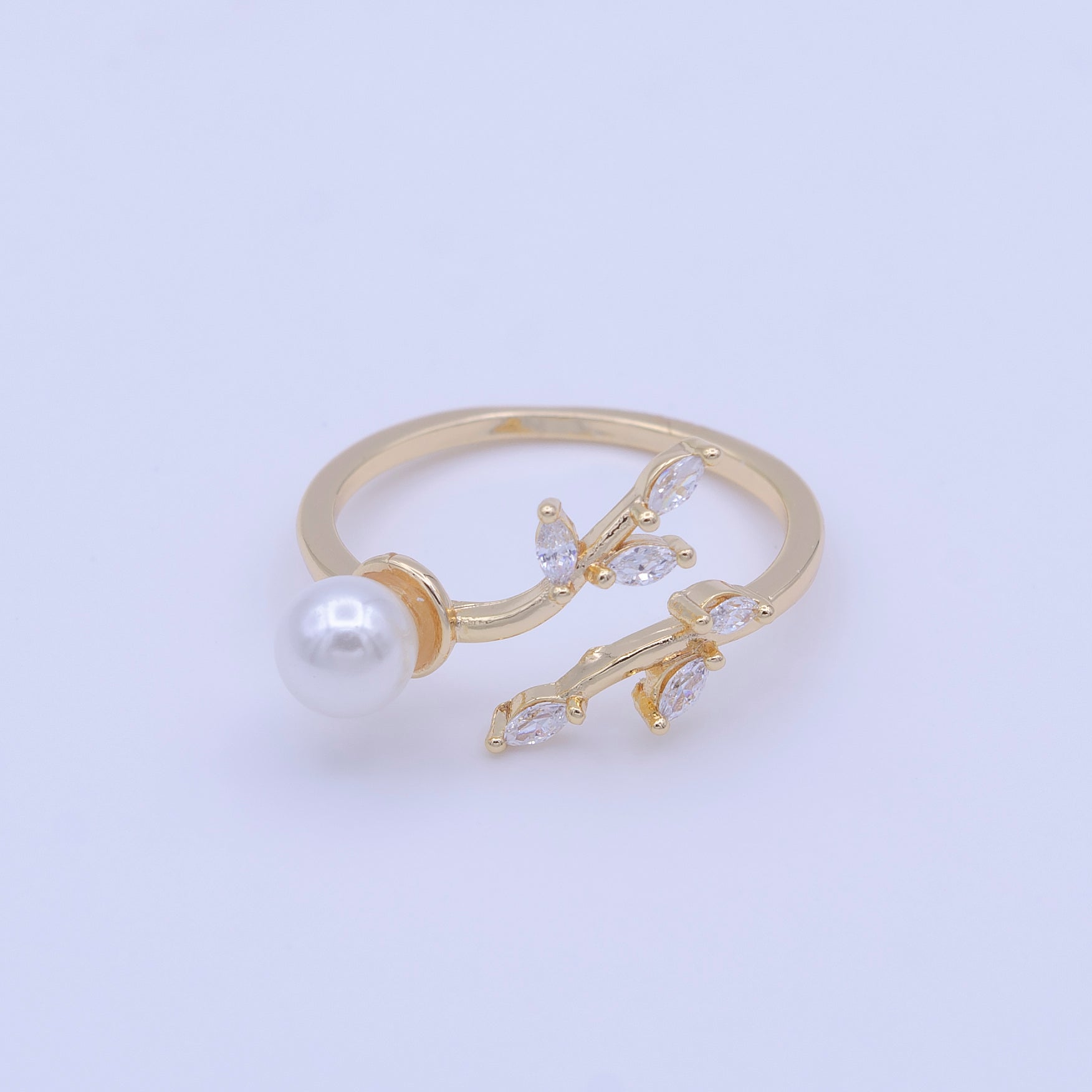 Marquise CZ Vine Leaves Round Pearl Adjustable Gold Ring | Y425 - DLUXCA