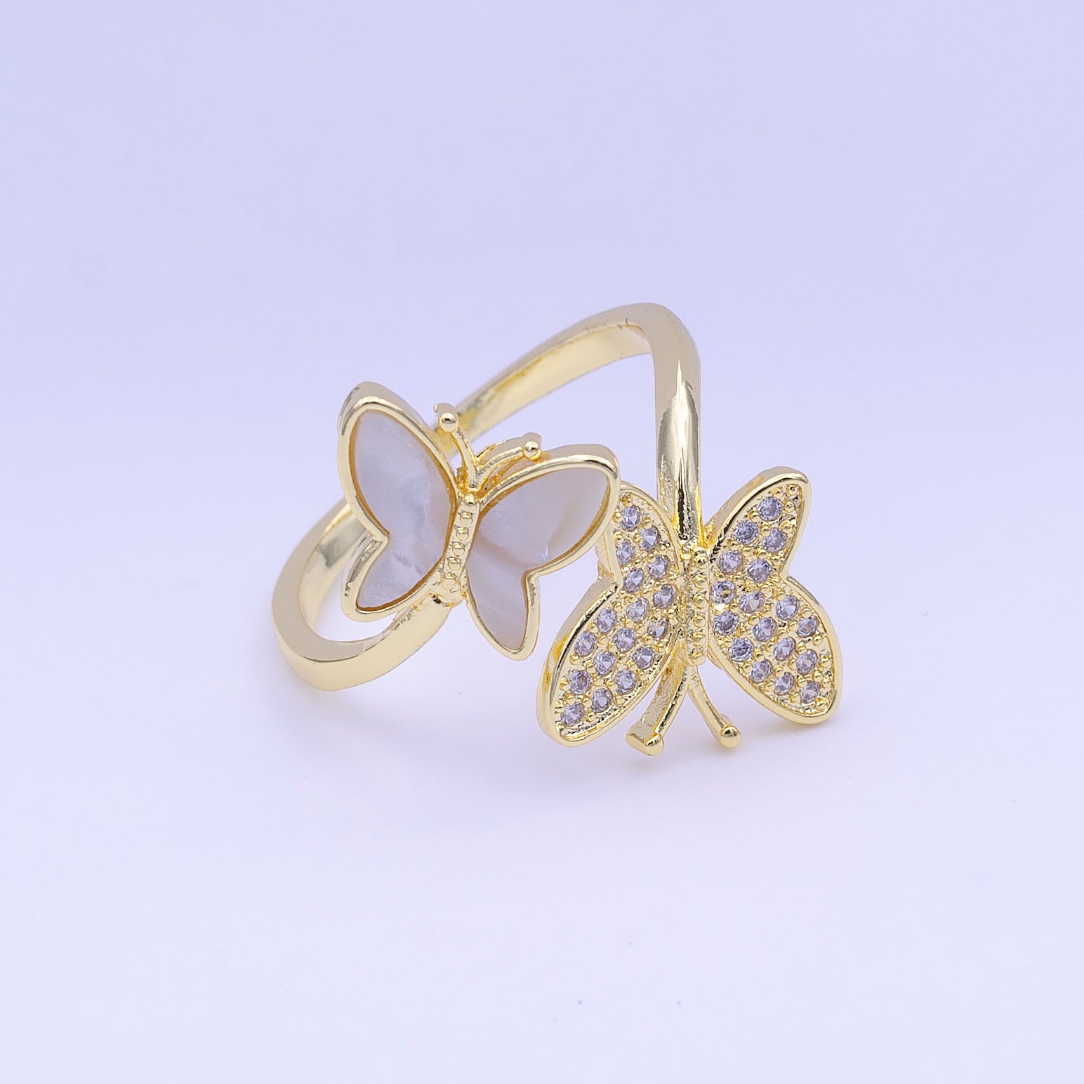 24K Gold Filled Double Butterfly Shell Pearl & Micro Paved CZ Adjustable Ring | Y429 - DLUXCA