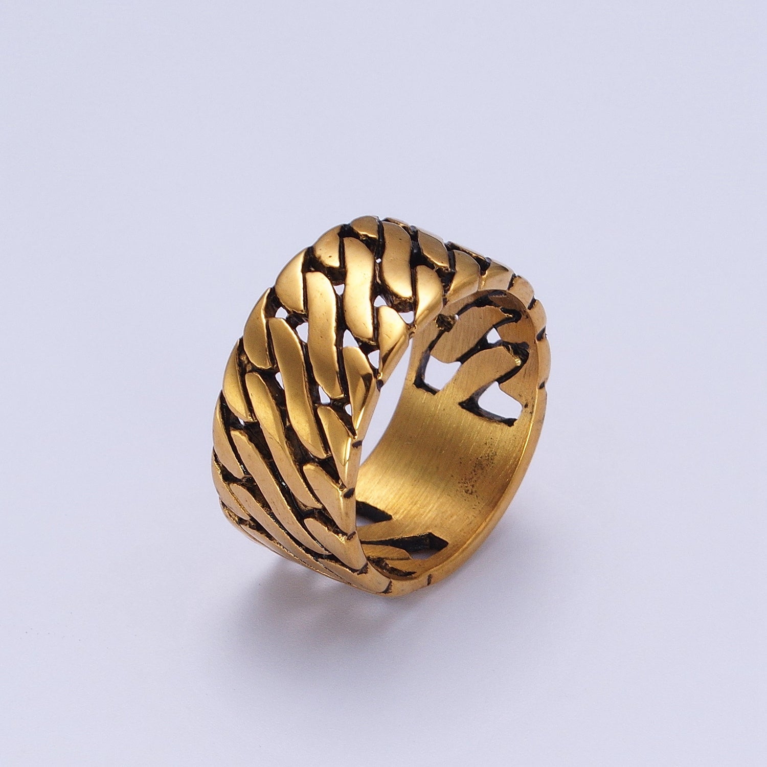 Stainless Steel Geometric S Curb Wide Band Ring in Silver & Gold | Y410 - Y413, Y430 - Y433 - DLUXCA