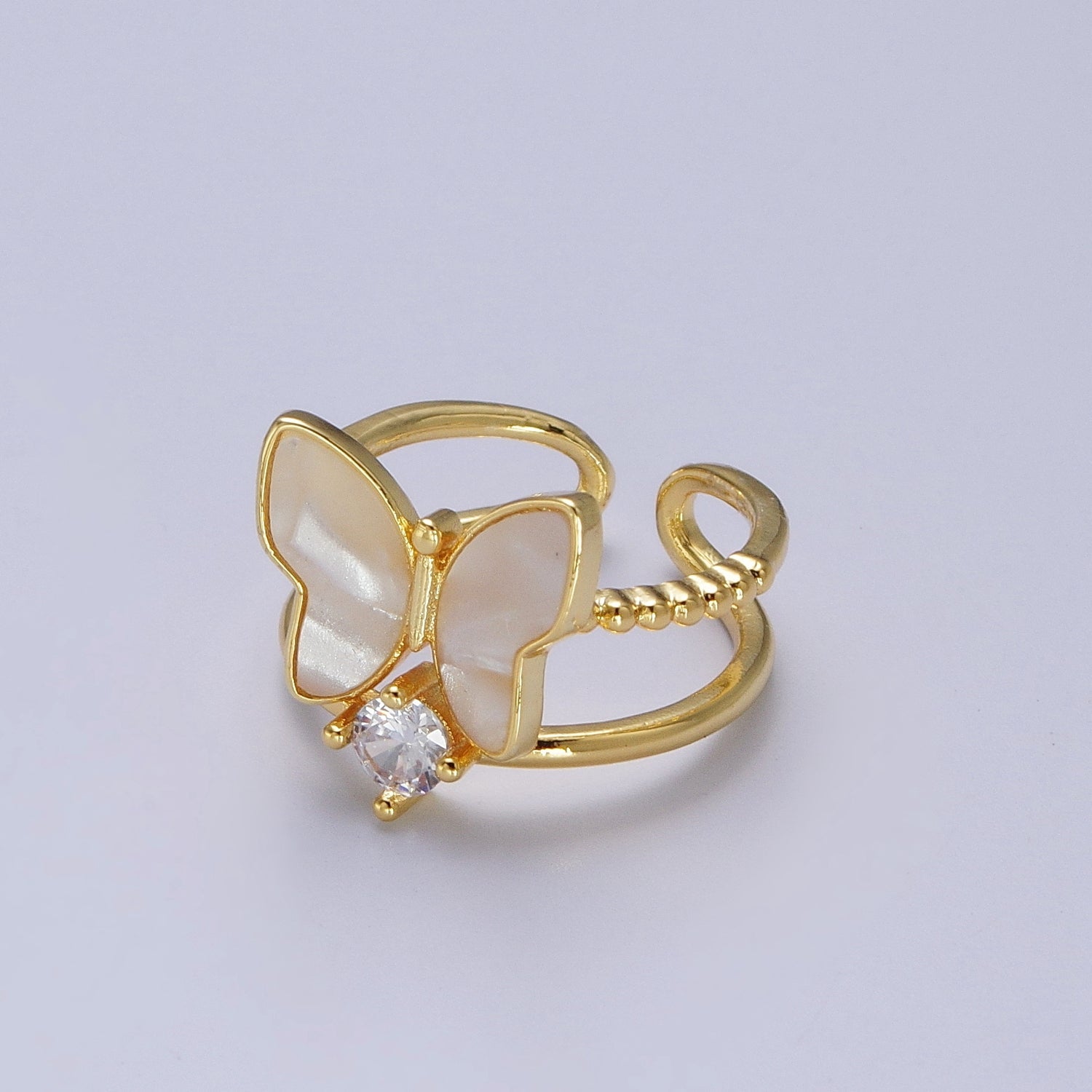 Gold Shell Pearl Butterfly Mariposa Round Clear CZ Adjustable Beaded Double Band Ring | Y444 - DLUXCA