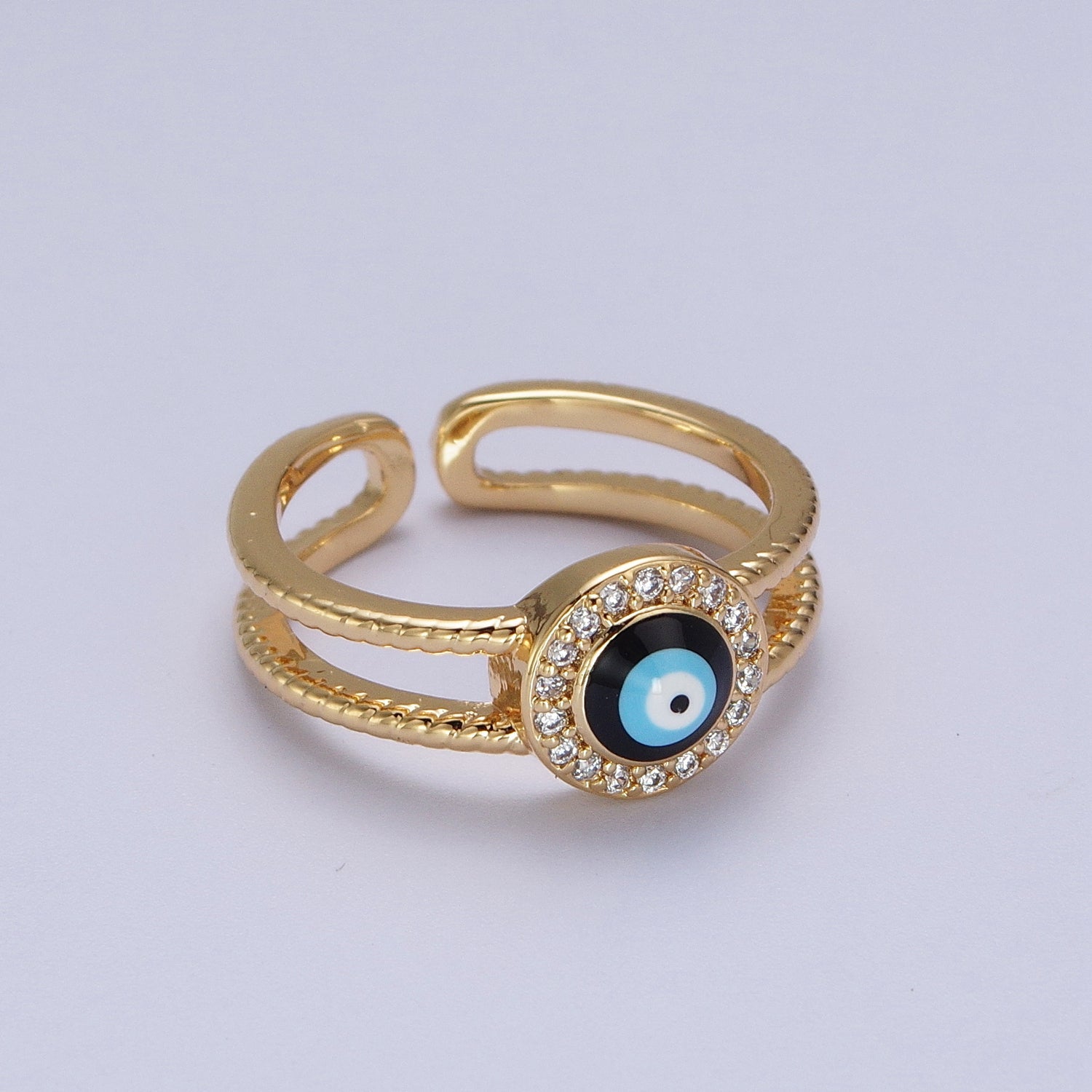 Micro Paved CZ Evil Eye Enamel Black, Blue, White Double Band Gold Ring | Y482 - Y484 - DLUXCA