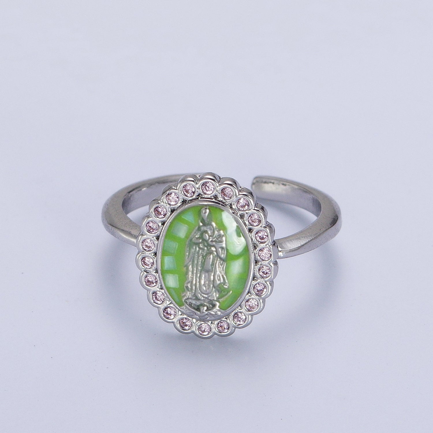 White Gold Filled Virgin Mother Mary White, Green,  Pink, Blue, Purple Shell Opal Silver Ring | Y495 - Y499 - DLUXCA