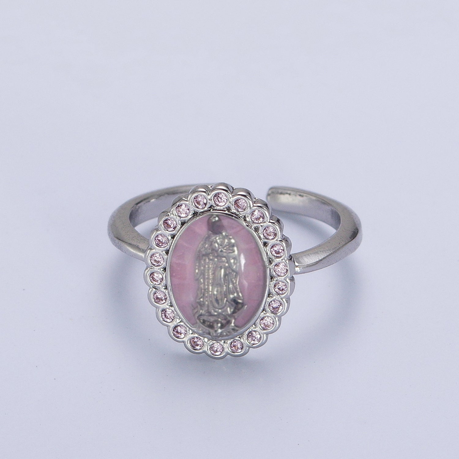White Gold Filled Virgin Mother Mary White, Green,  Pink, Blue, Purple Shell Opal Silver Ring | Y495 - Y499 - DLUXCA