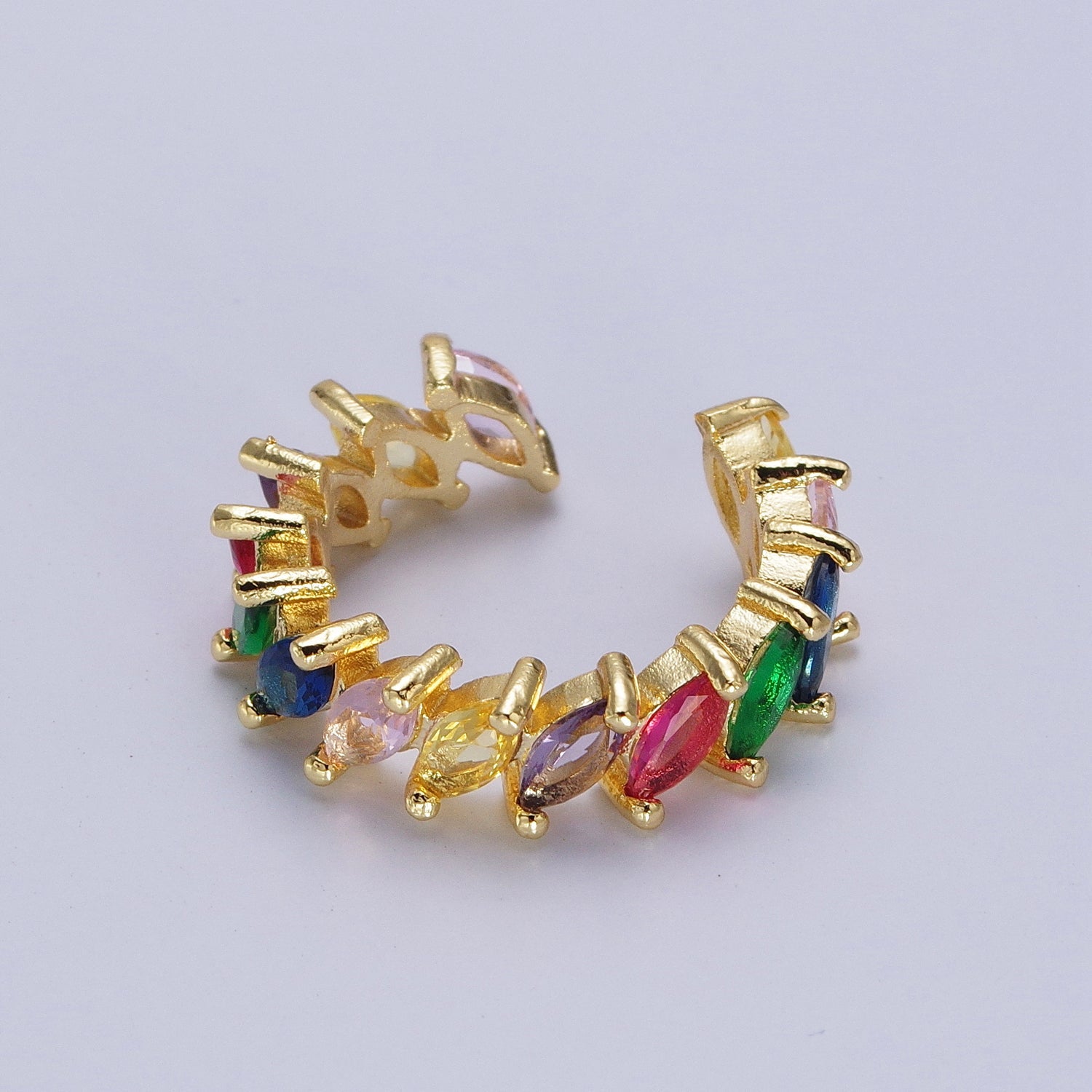 Rainbow Multicolor Marquise Sideway CZ Lined Adjustable Gold Ring | Y500 - DLUXCA
