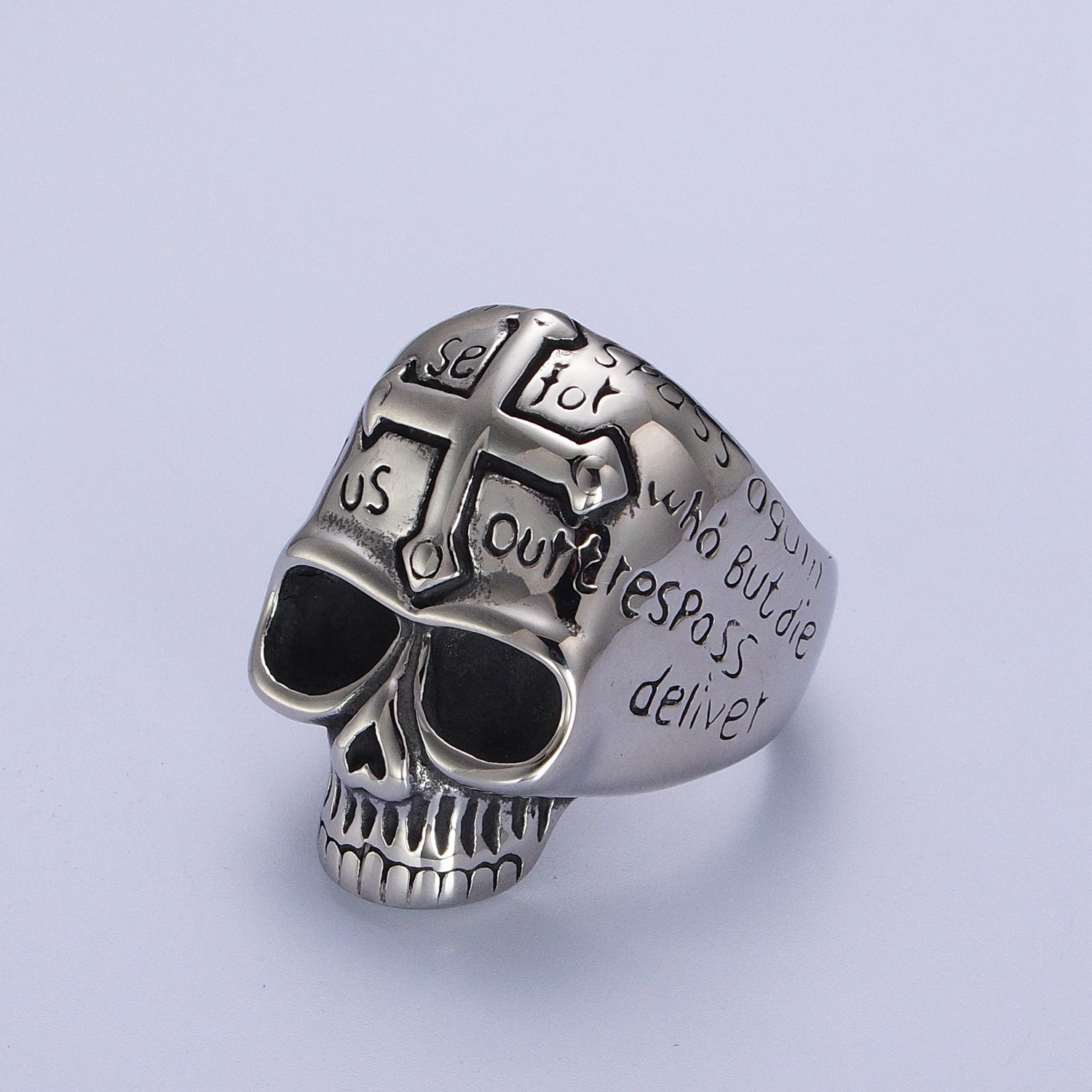 Stainless Steel Prayer Passion Cross Engraved on Skeleton Skull Silver Signet Ring | Y535 Y536 - DLUXCA