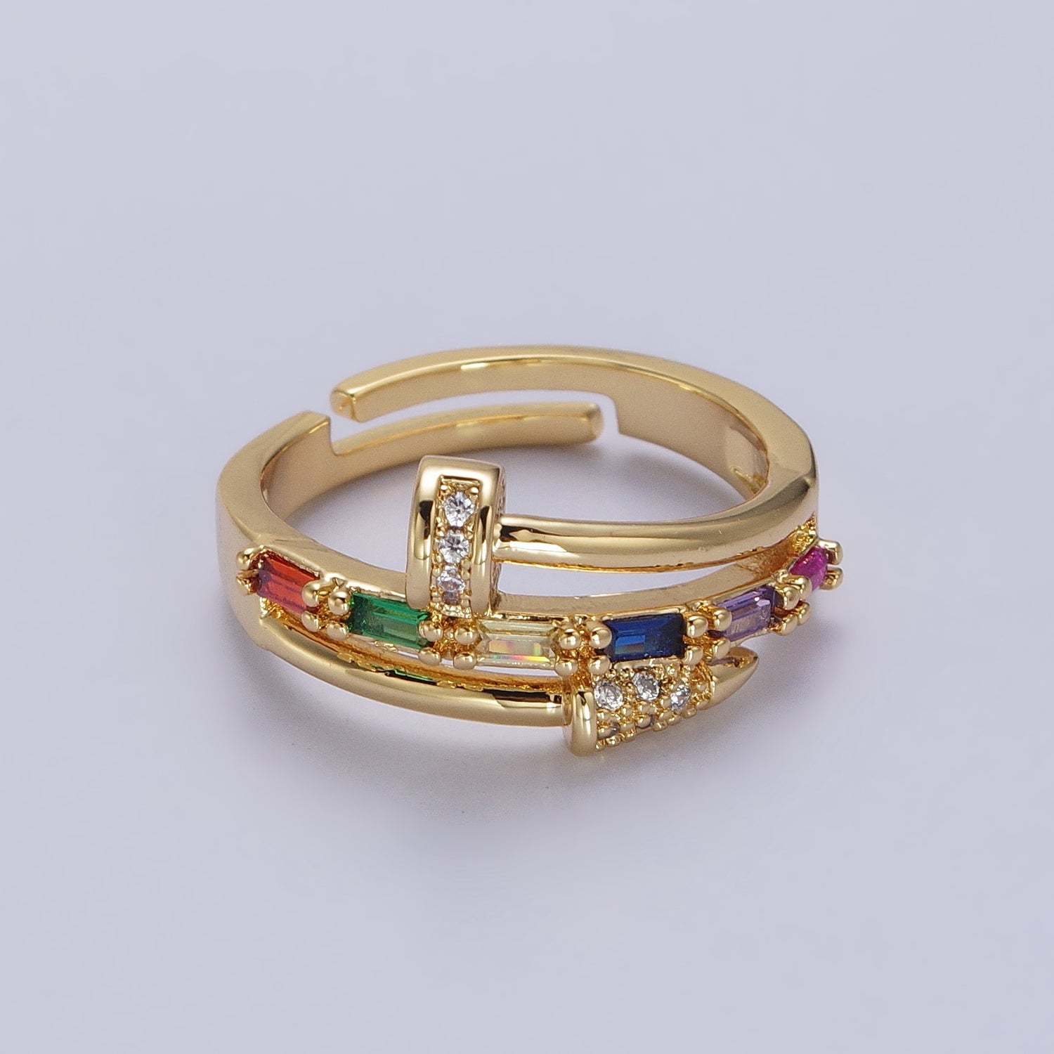 Clear Micro Paved Multicolor Baguette Adjustable Nail Ring in Gold & Silver | Y565 Y566 - DLUXCA