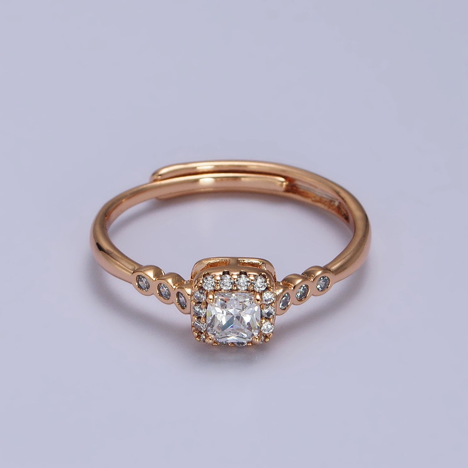 18K Gold Filled Clear Square Micro Paved Round CZ Adjustable Ring | Y583 - DLUXCA