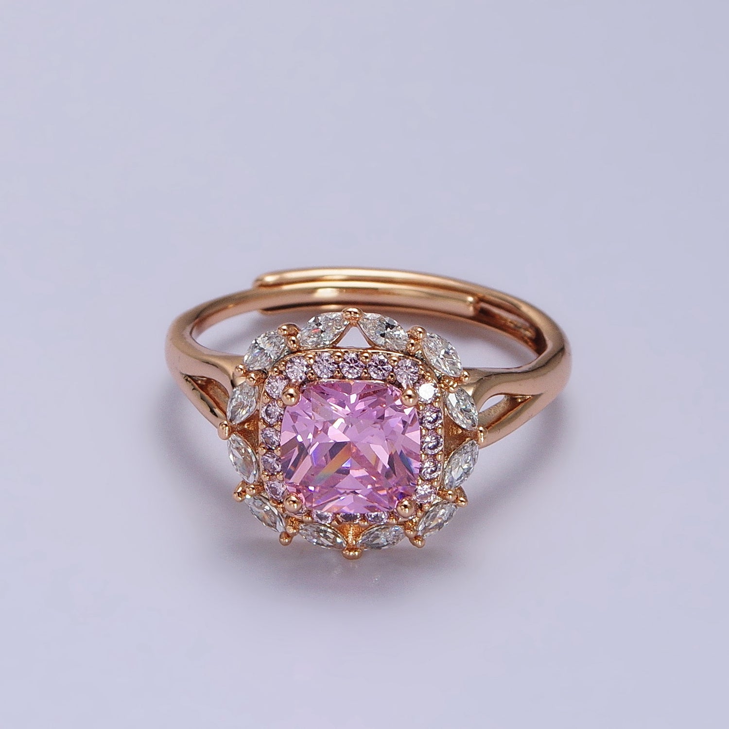 18K Gold Filled Pink CZ Square Clear Micro Paved Marquise Adjustable Ring | Y585 - DLUXCA