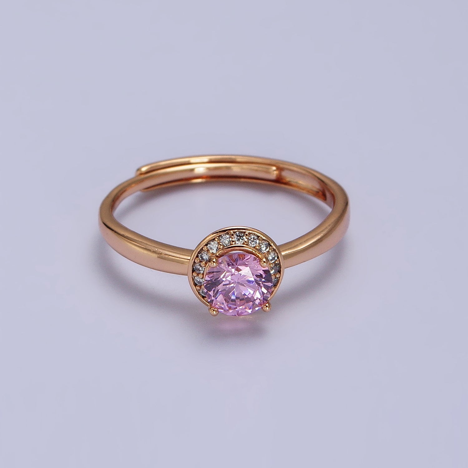 18K Gold Filled Pink Round Clear Micro Paved CZ Adjustable Ring | Y587 - DLUXCA