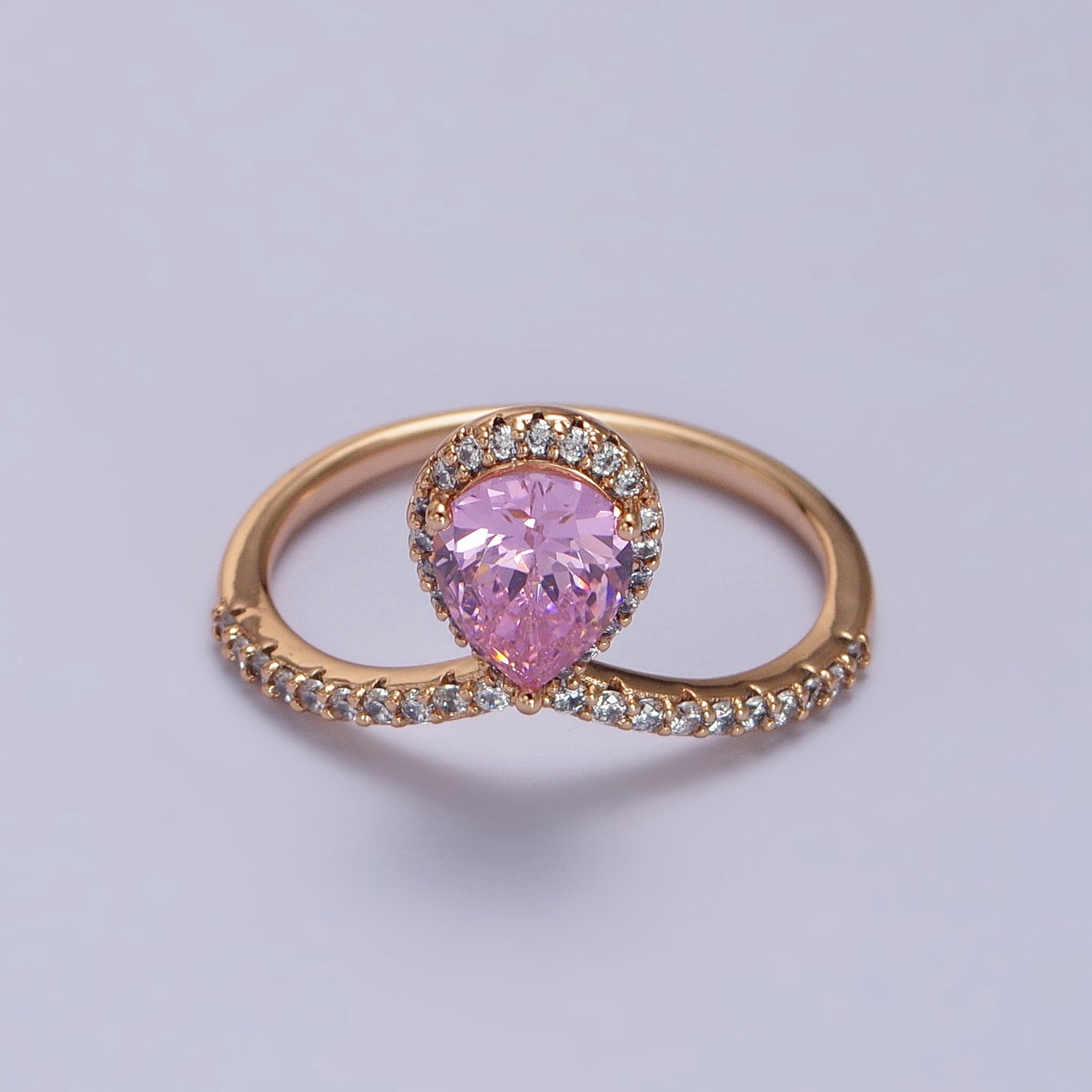 18K Gold Filled Pink Teardrop CZ Micro Paved Chevron Adjustable Ring | Y590 - DLUXCA