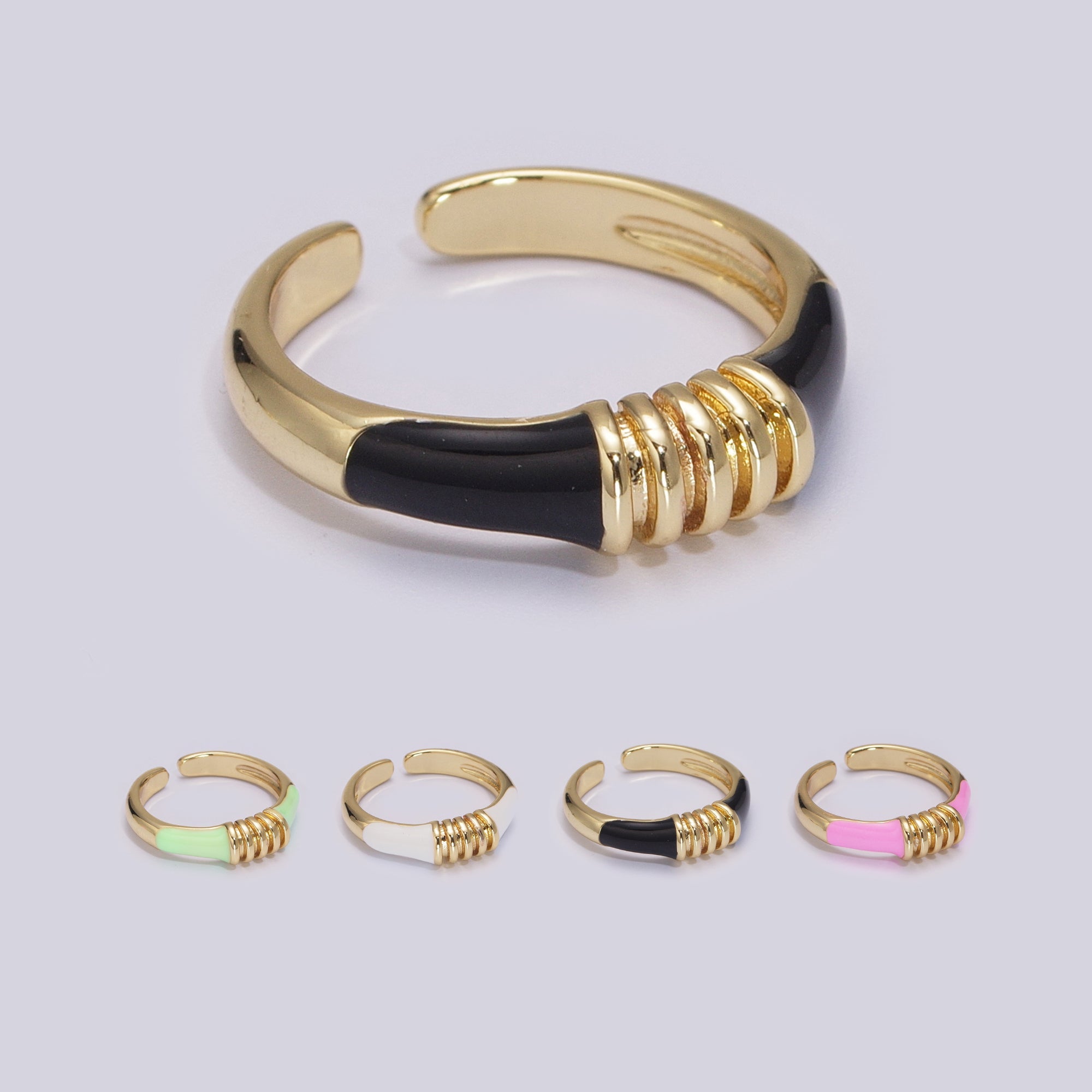 Colorful Pastel Enamel Ring • Gold Filled Multicolor Open Band • Green Pink Black White Minimalist Stackable Ring - DLUXCA