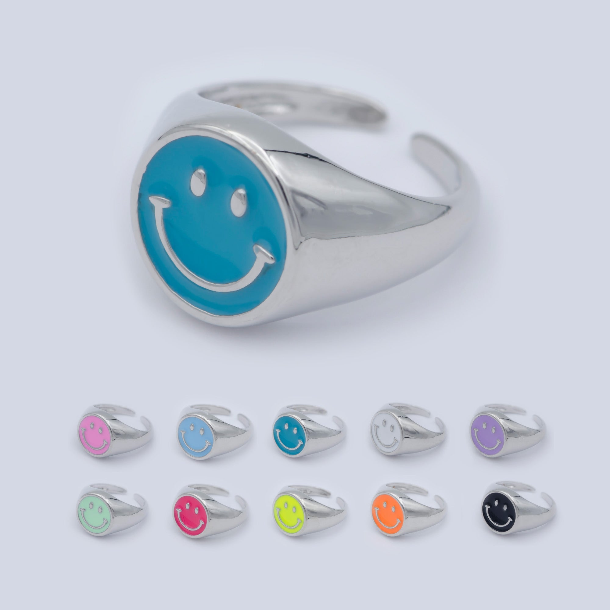 Enamel Happy Face Ring, Silver Smiley Face Signet Ring Y2K Jewelry Inspired - DLUXCA