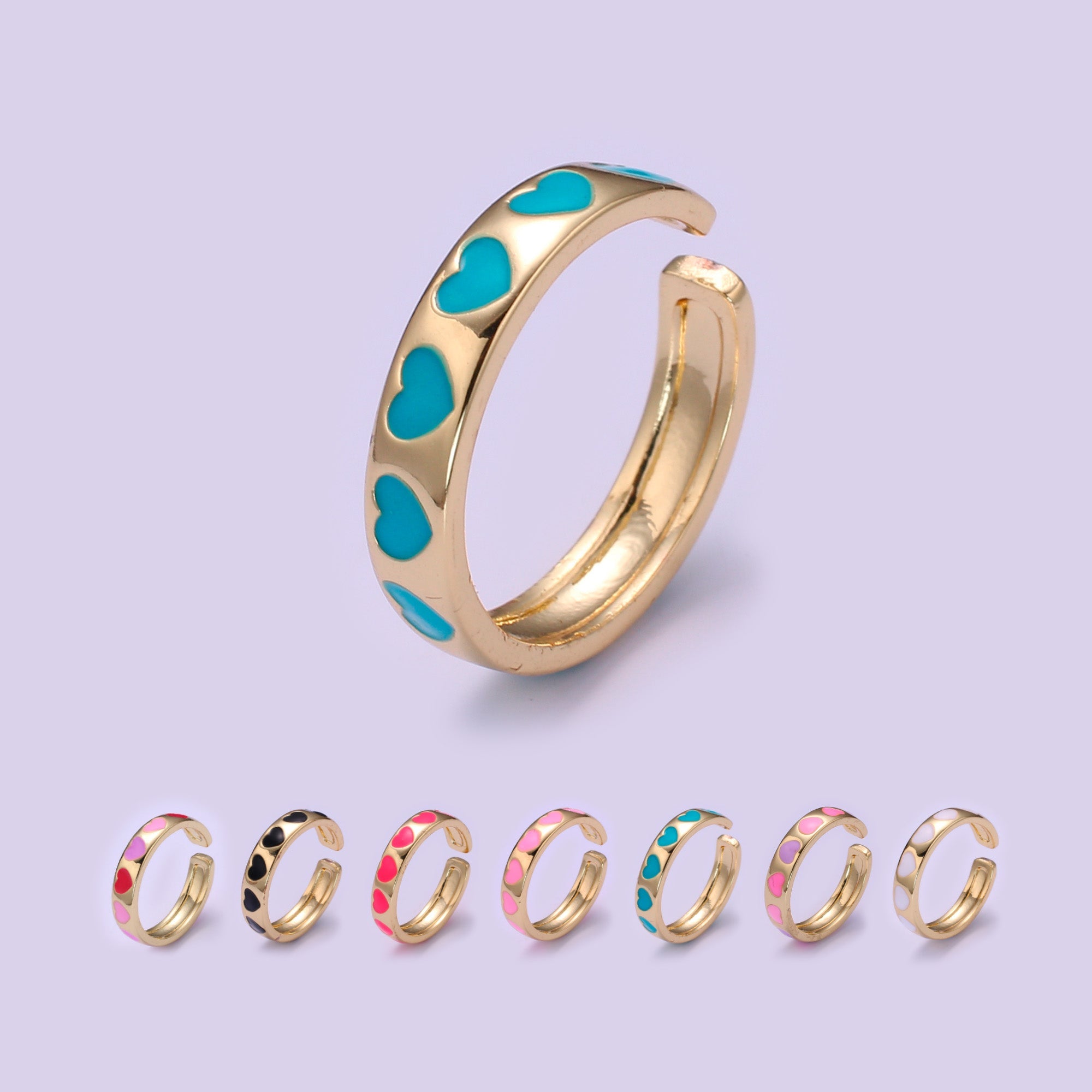 Dainty Colorful Enamel Heart Adjustable Ring, Gold Enamel Open Ring, Black Pink Teal Purple White Enamel Heart Jewelry Trend - DLUXCA