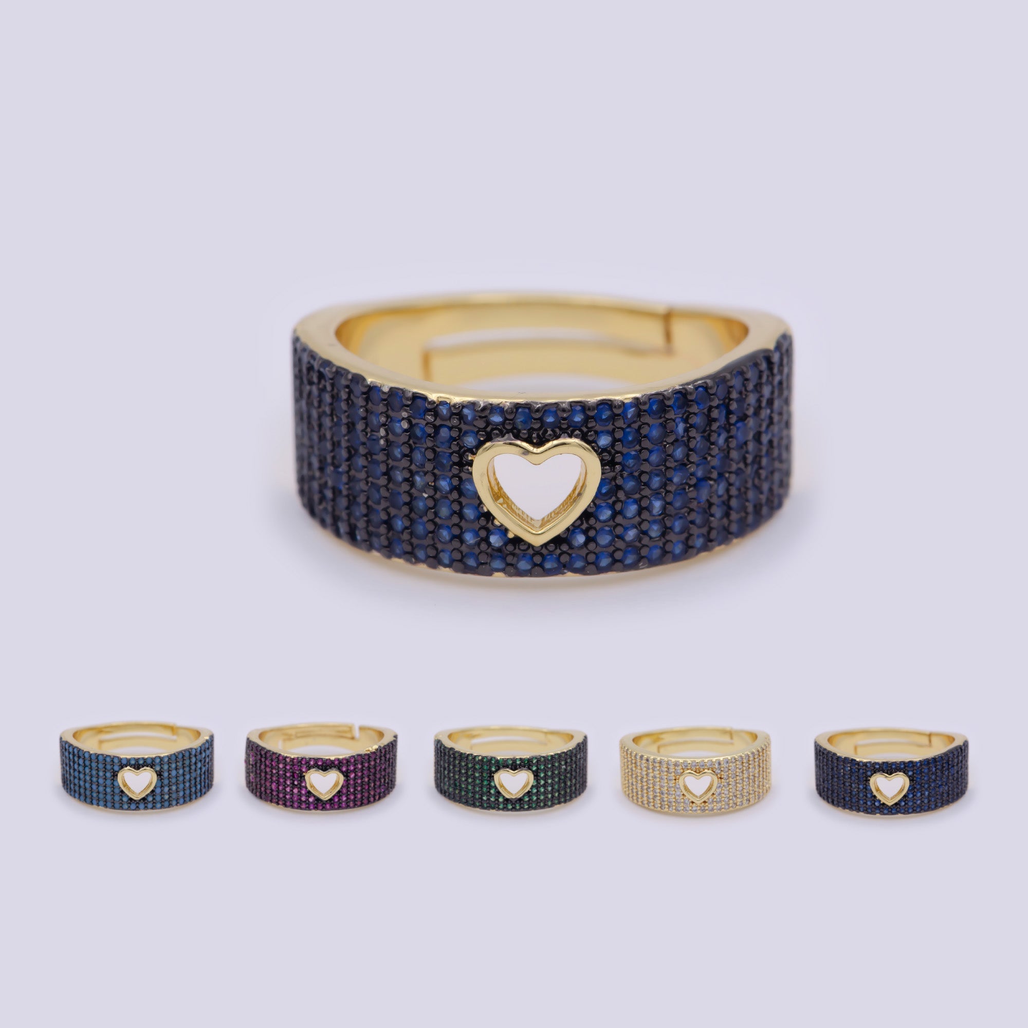 Dainty Heart Adjustable Ring, Gold Cz Dark Ring, Blue Green Purple Teal Stone Heart Jewelry Trend | O460, O461, O462, O463, O464 - DLUXCA