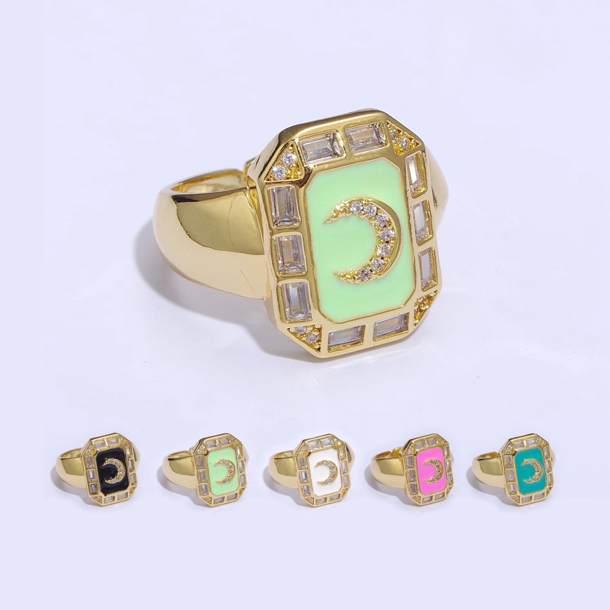 Crescent Moon Spinel Signet Ring Gold Chunky Ring Celestial Enamel Colorful Cz Jewelry - DLUXCA