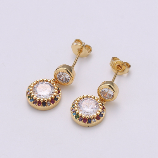 Colorful Gold Stud earrings- round CZ crystals Dangle earring - DLUXCA