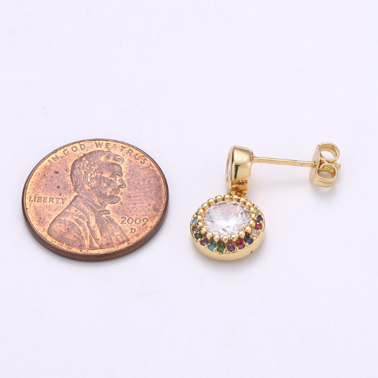 Colorful Gold Stud earrings- round CZ crystals Dangle earring - DLUXCA
