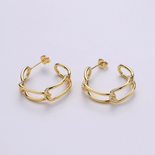 24k Gold Plated Earrings, Hoop Earrings, Long Chain Link Earring, Stud Earring, Gift for Her, Earrings for Women, Everyday Wear Earring - DLUXCA