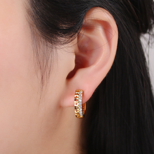 24K Gold Filled CZ Heart Hoop Earrings, Micro Pave Cartilage Huggie Hoop Earrings, Lever back Earrings, Hypoallergenic - DLUXCA