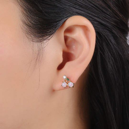 Gold Cherry Stud Earrings, Crystal Cherry Studs, Kawaii Jewellery, Fruit Earrings, Minimalist Earrings, Earrings for Girls - DLUXCA