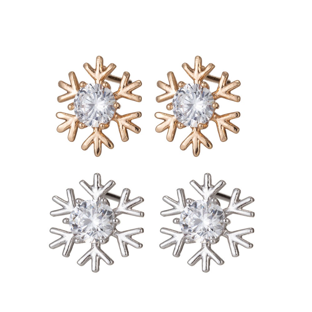 Silver Snowflake Earrings dangle, Gold Snow Earrings, Cubic Stud Earrings, Micro Pave Earrings Snow flakeJewelry - DLUXCA