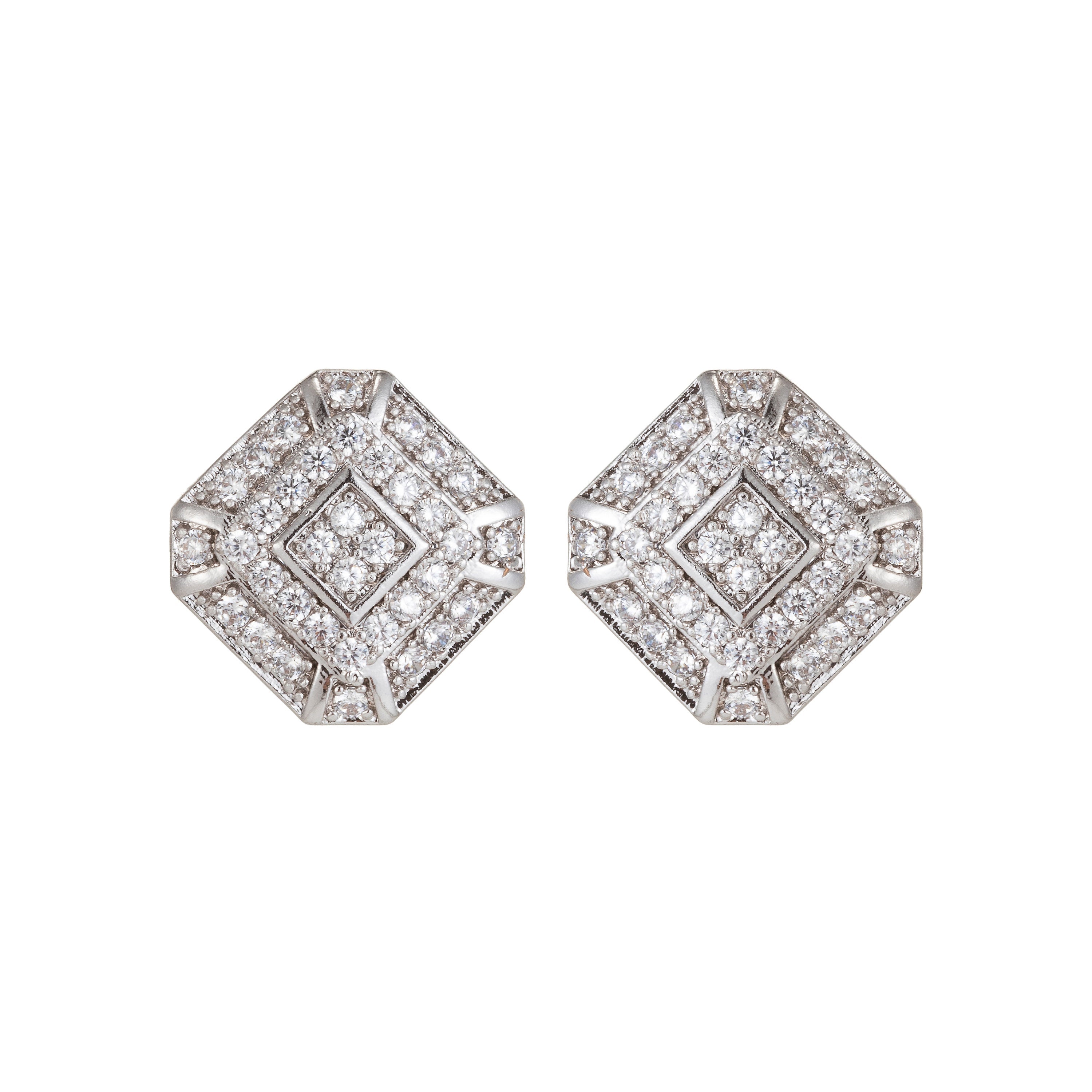 Dainty Silver Geometric Stud Earrings in Clear Cubic Zirconia Micro Pave earring Supply - DLUXCA