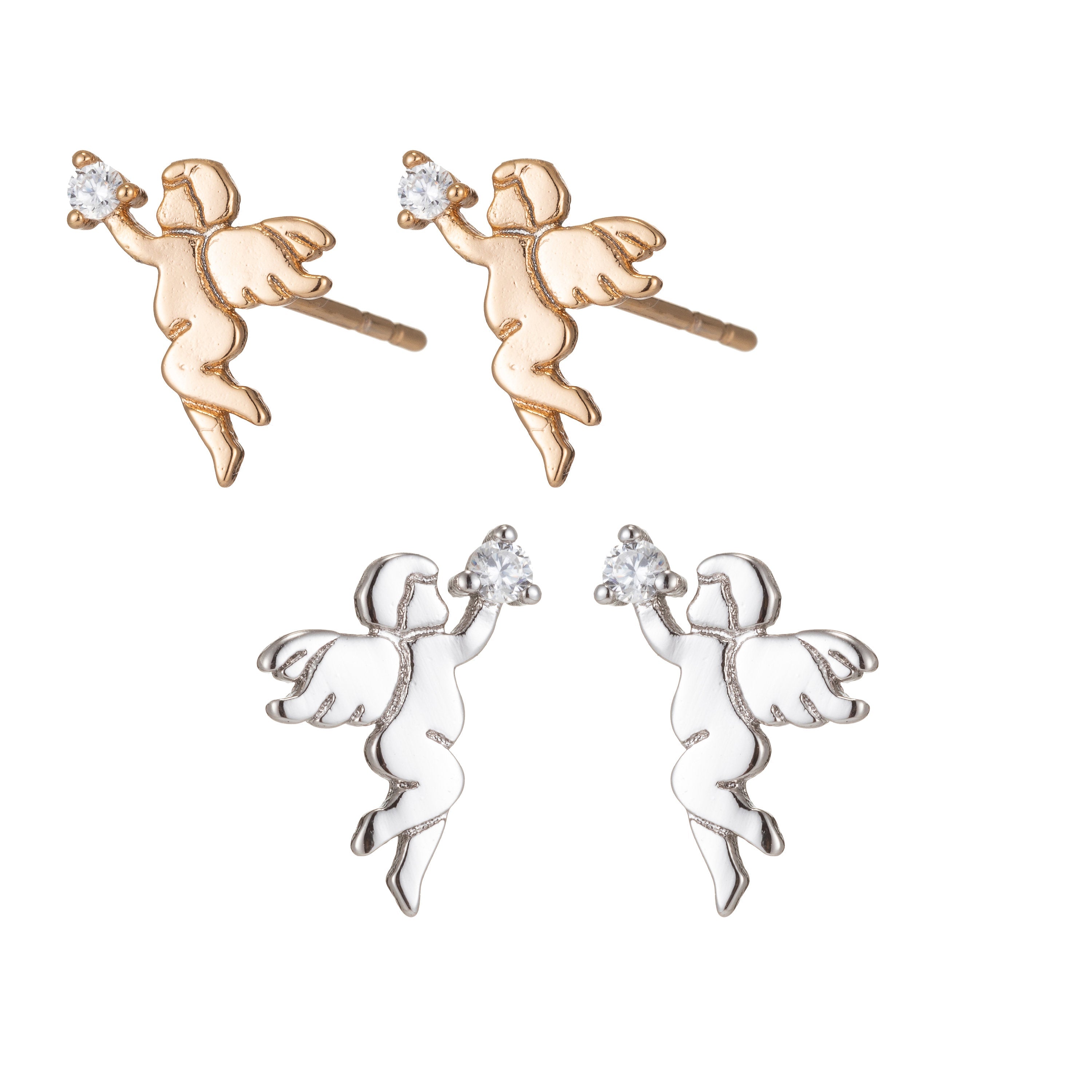 Dainty Gold Angel Stud Earring Cupid Earring Silver Cherub Stud - DLUXCA