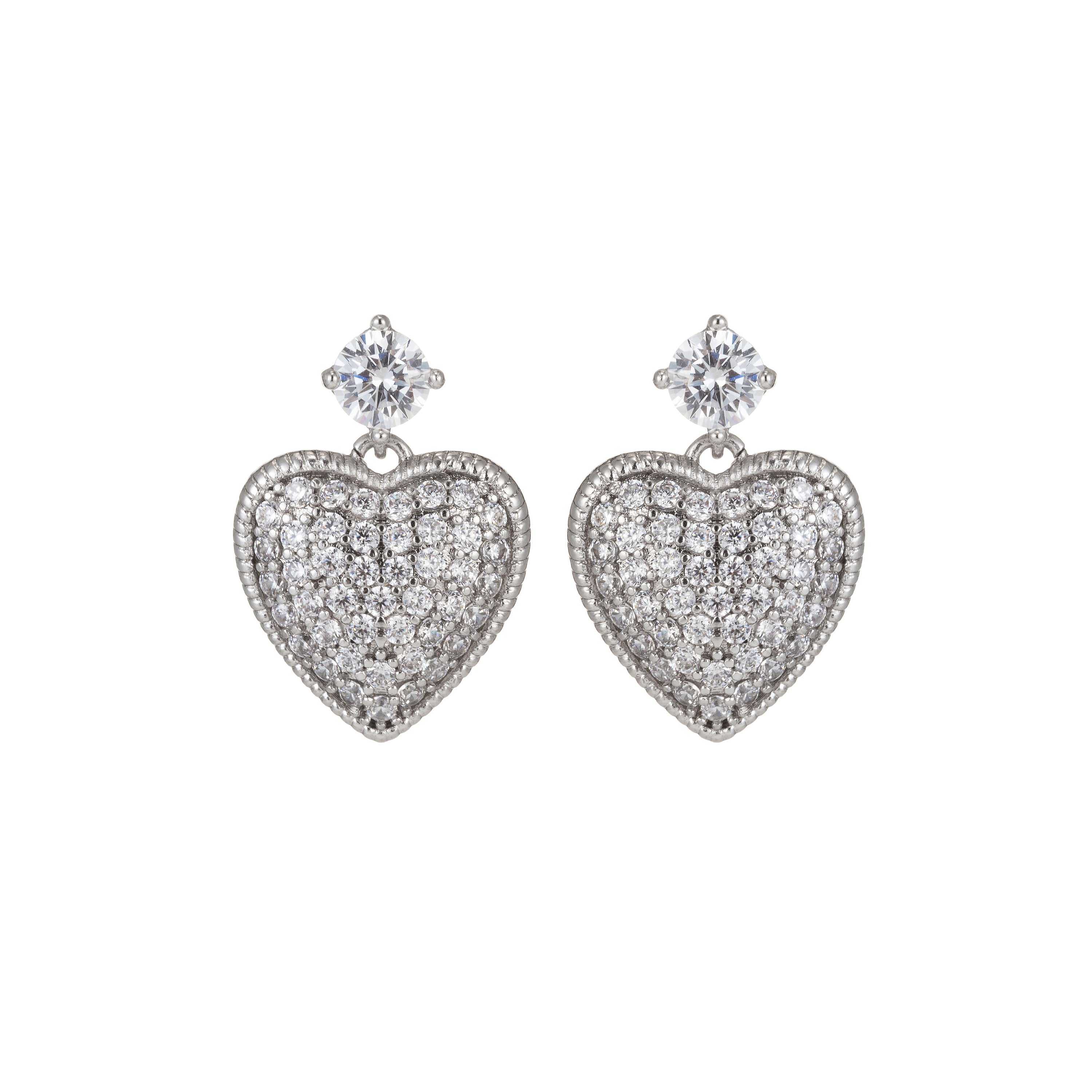 Silver Heart Stud Earrings, CZ Micro Pave Stud Earrings, Stud Earrings, Cubic Zirconia Dangle Earrings for Gift - DLUXCA