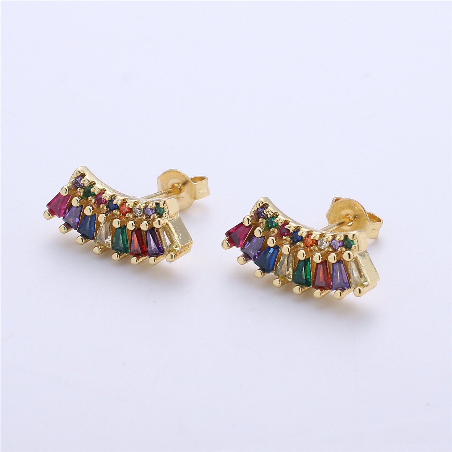 Super Cute Tiny Rainbow Studs • Little Rainbow Earrings • Gold Multi Color Stone Earrings • Happy Little Studs • Kawaii Style - DLUXCA
